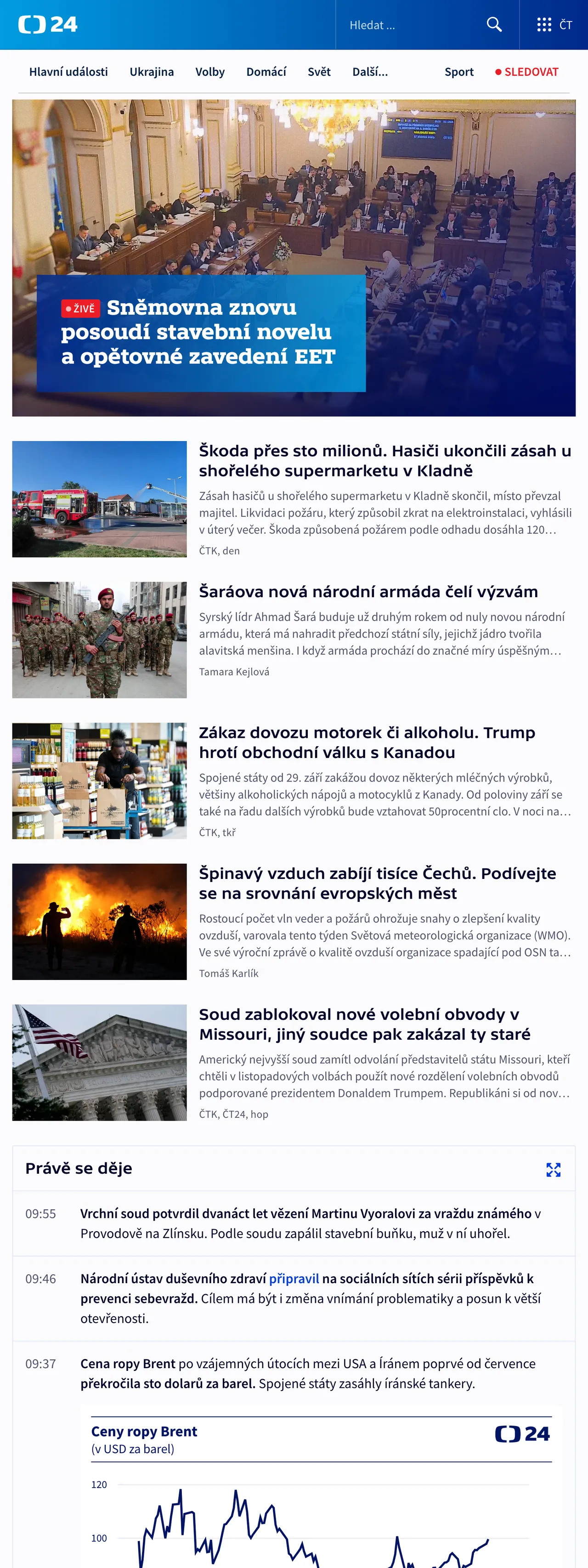 Screenshot of the ČT24 front page
