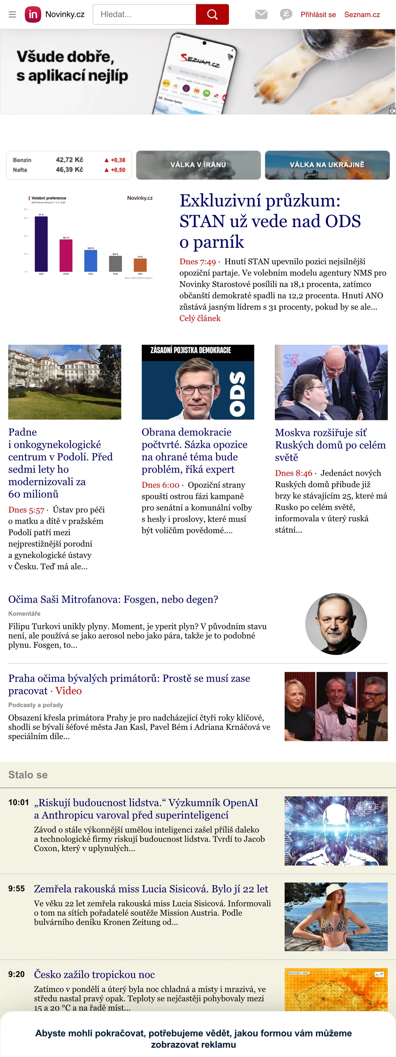 Screenshot of the Novinky.cz front page