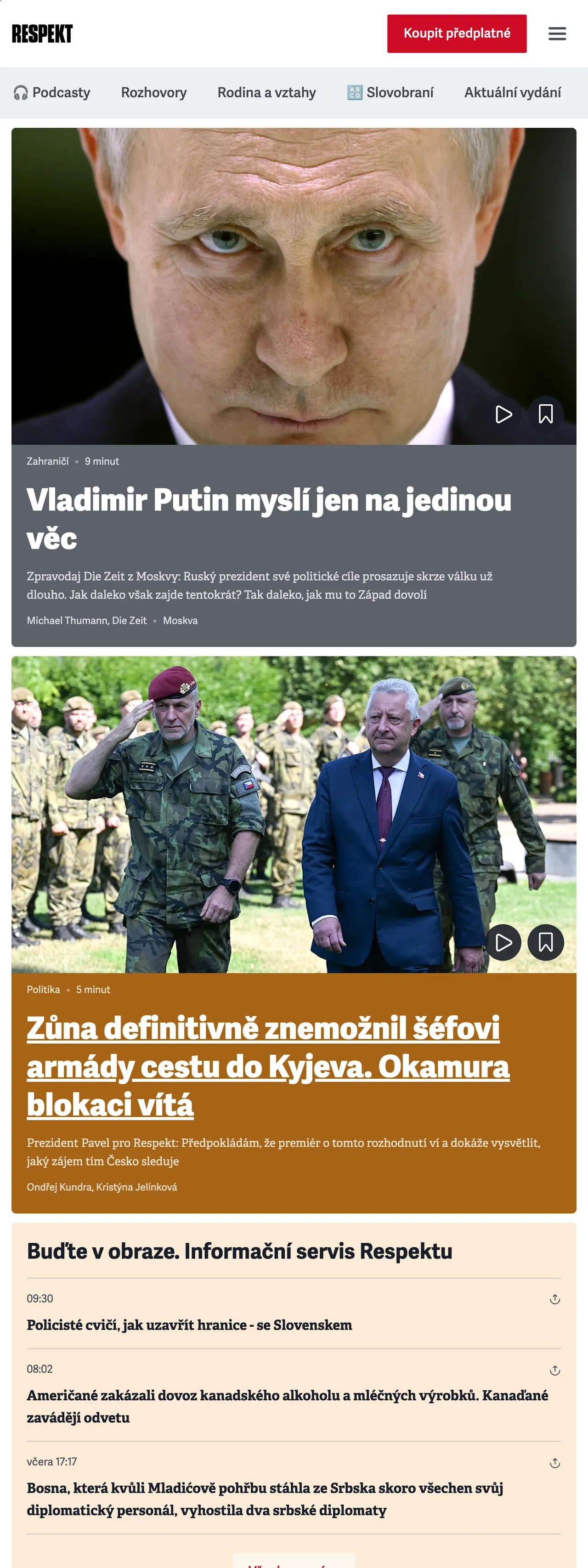 Screenshot of the Respekt front page
