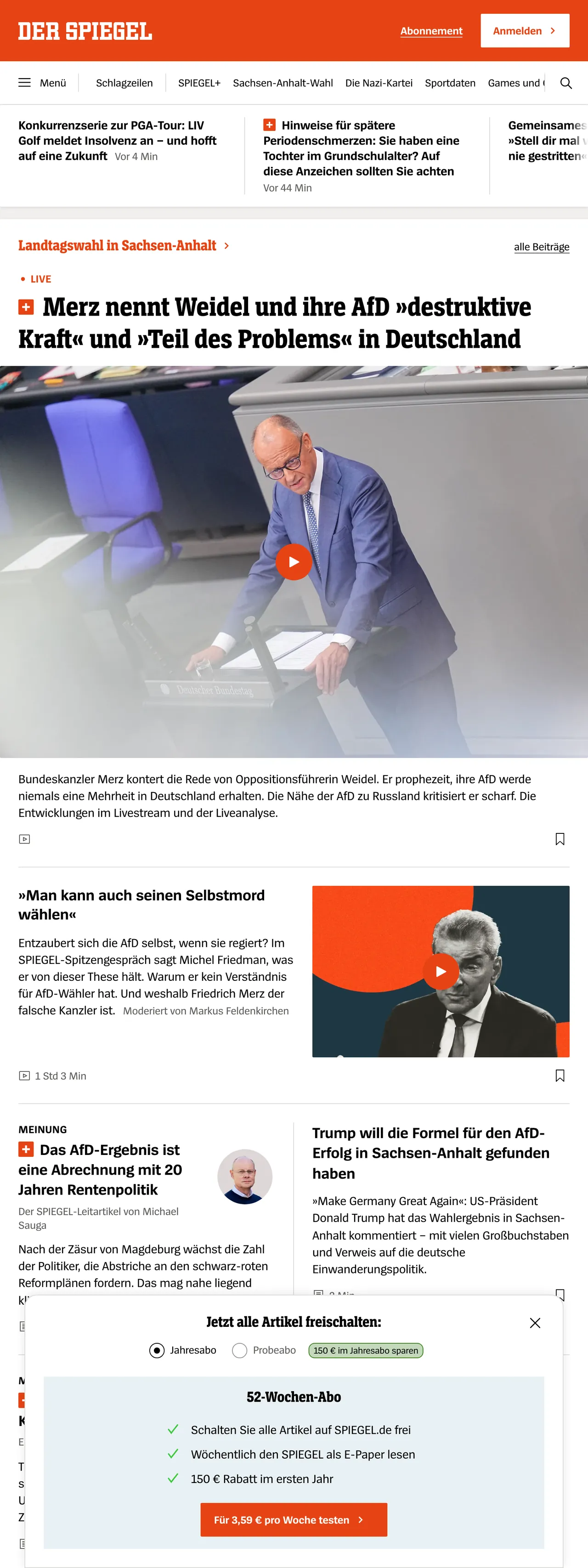 Screenshot of the DER SPIEGEL front page