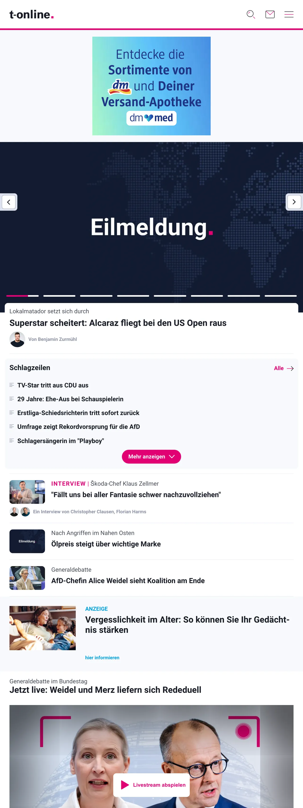 Screenshot of the t-online front page
