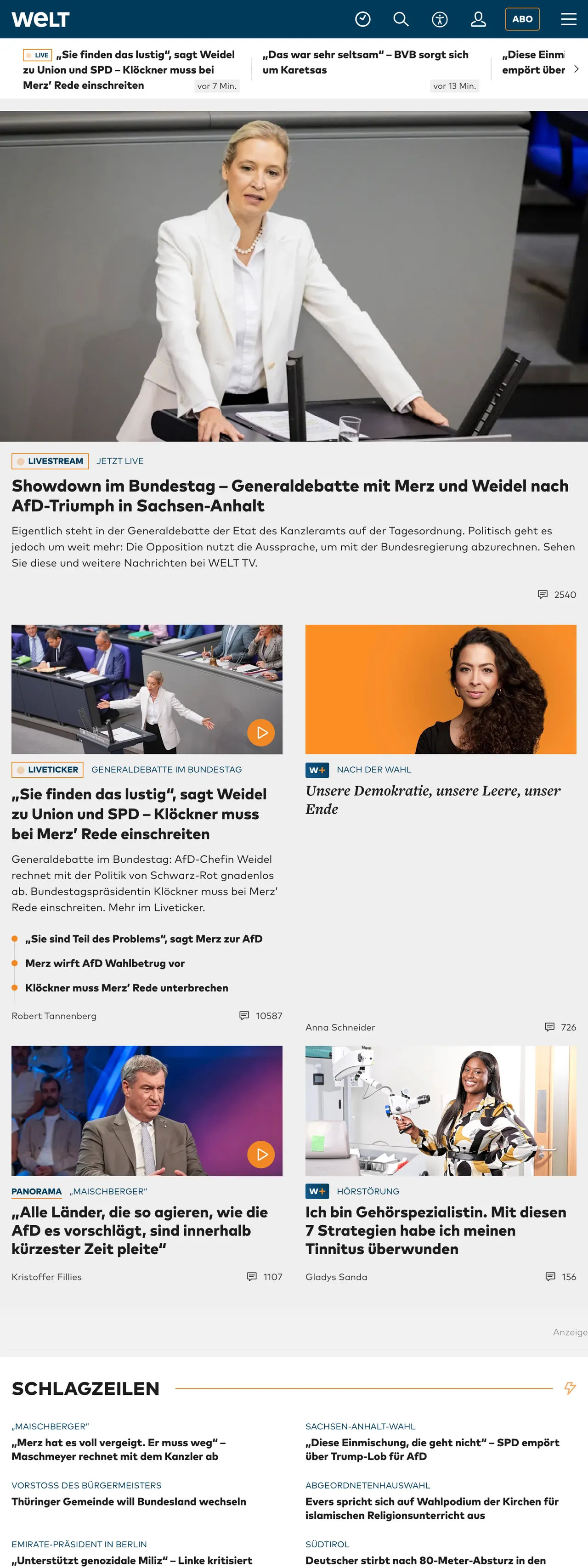 Screenshot of the WELT front page