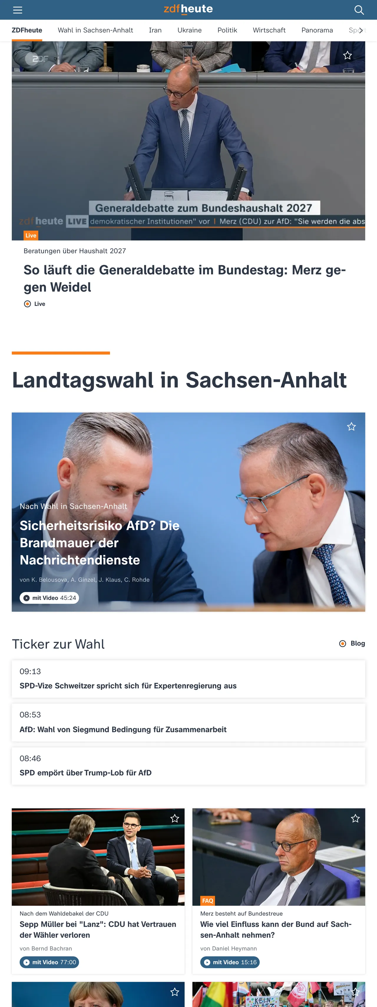 Screenshot of the ZDFheute front page