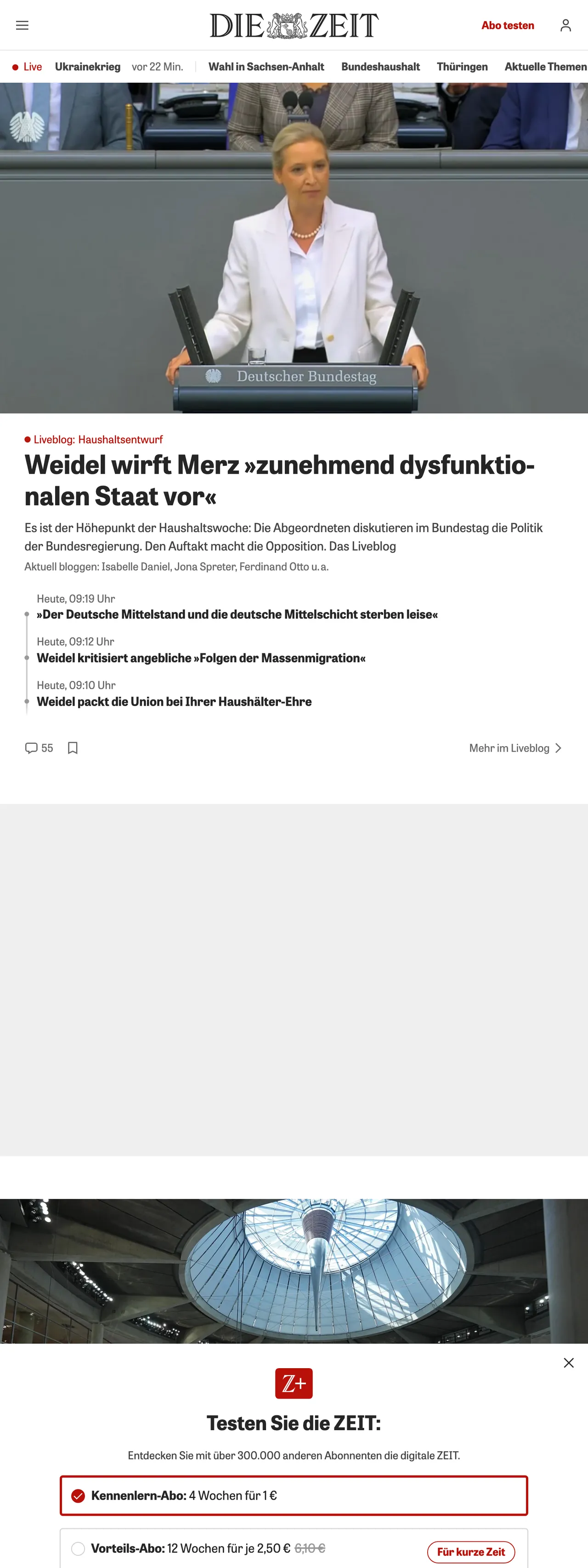 Screenshot of the ZEIT ONLINE front page