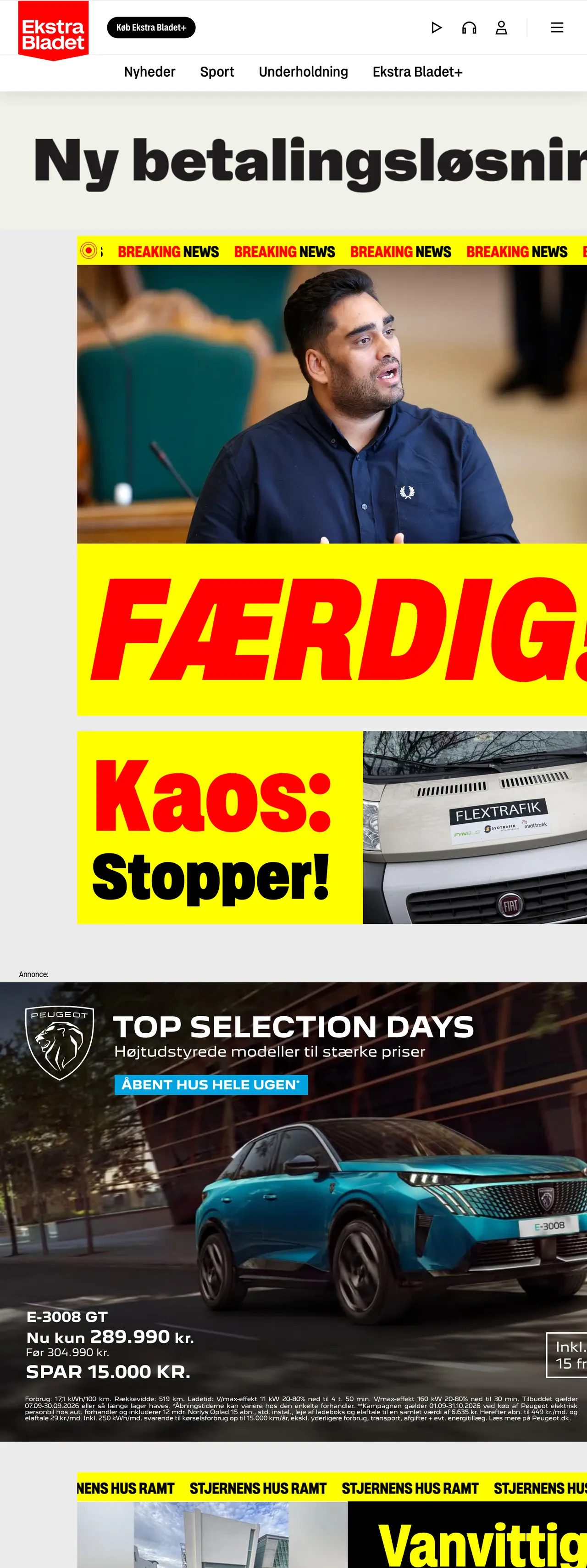 Screenshot of the Ekstra Bladet front page