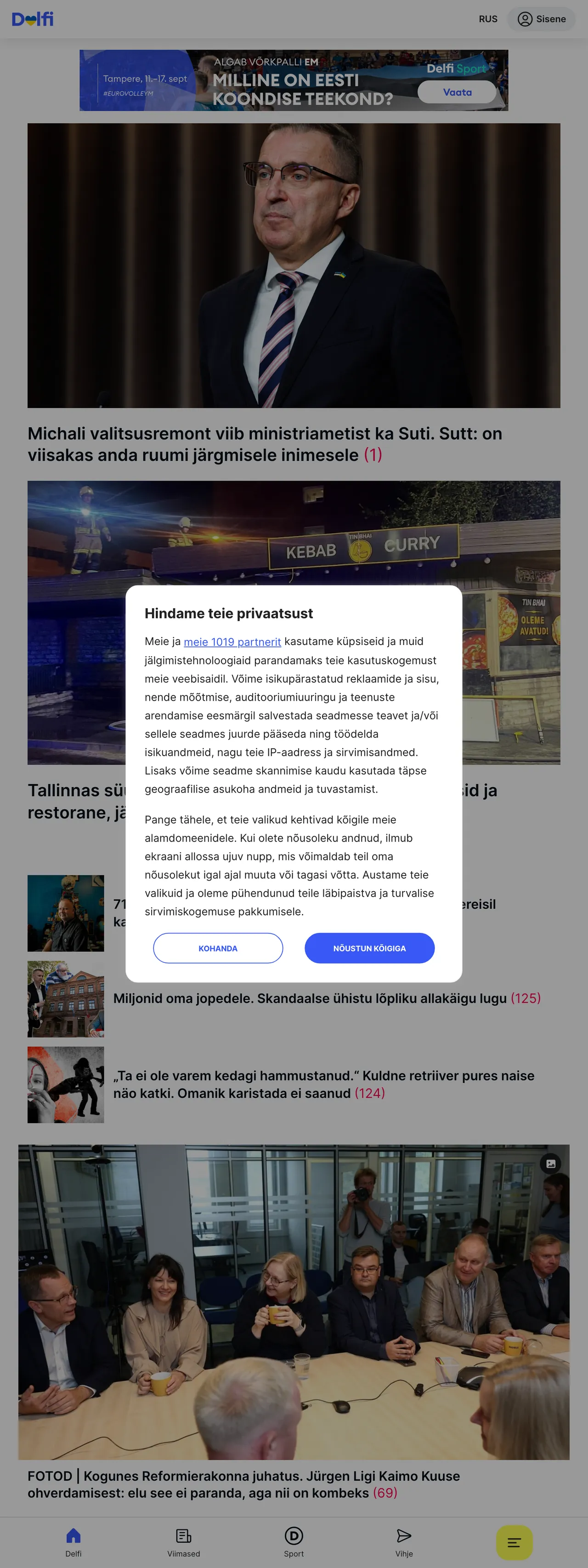 Screenshot of the Delfi front page