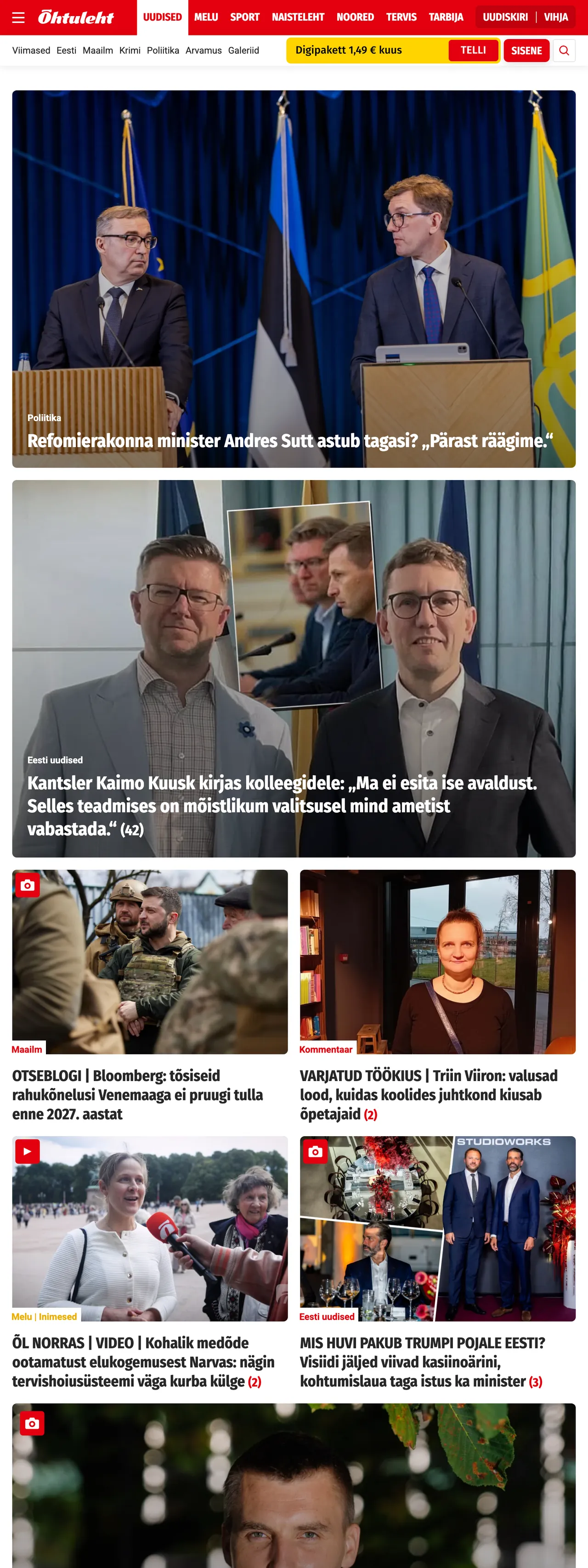 Screenshot of the Õhtuleht front page