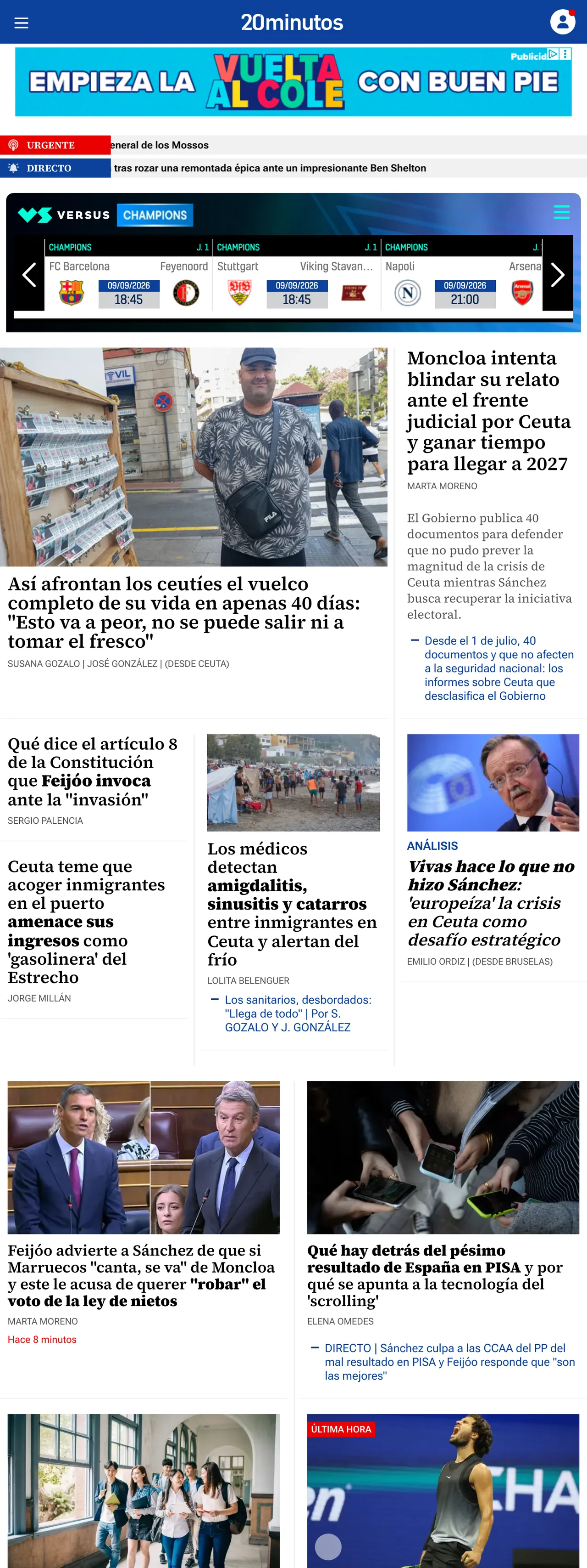 Screenshot of the 20minutos front page