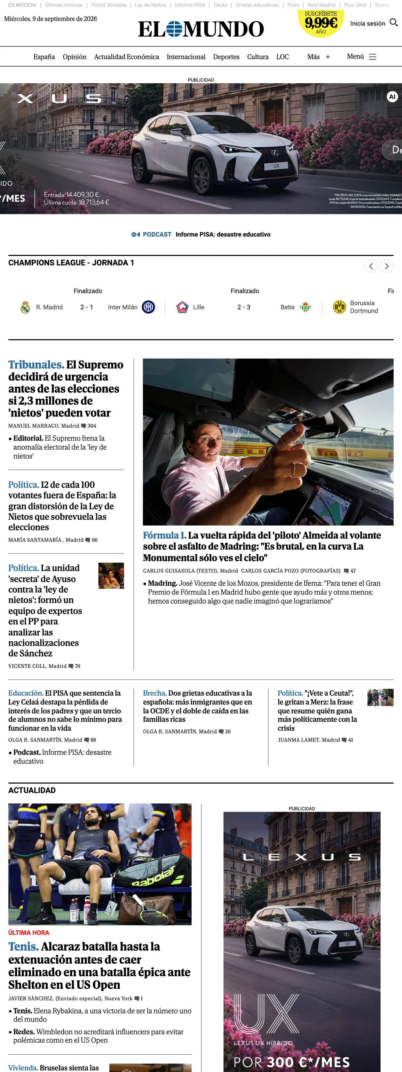 Screenshot of the El Mundo front page