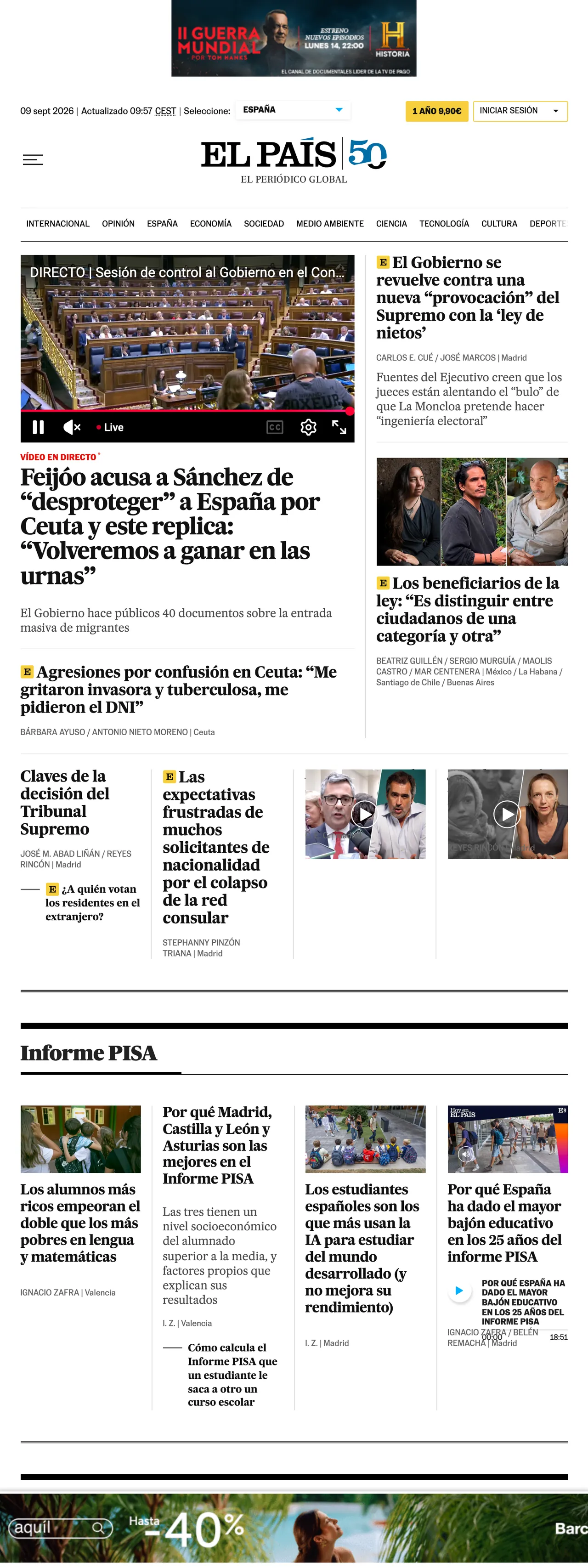 Screenshot of the EL PAÍS front page