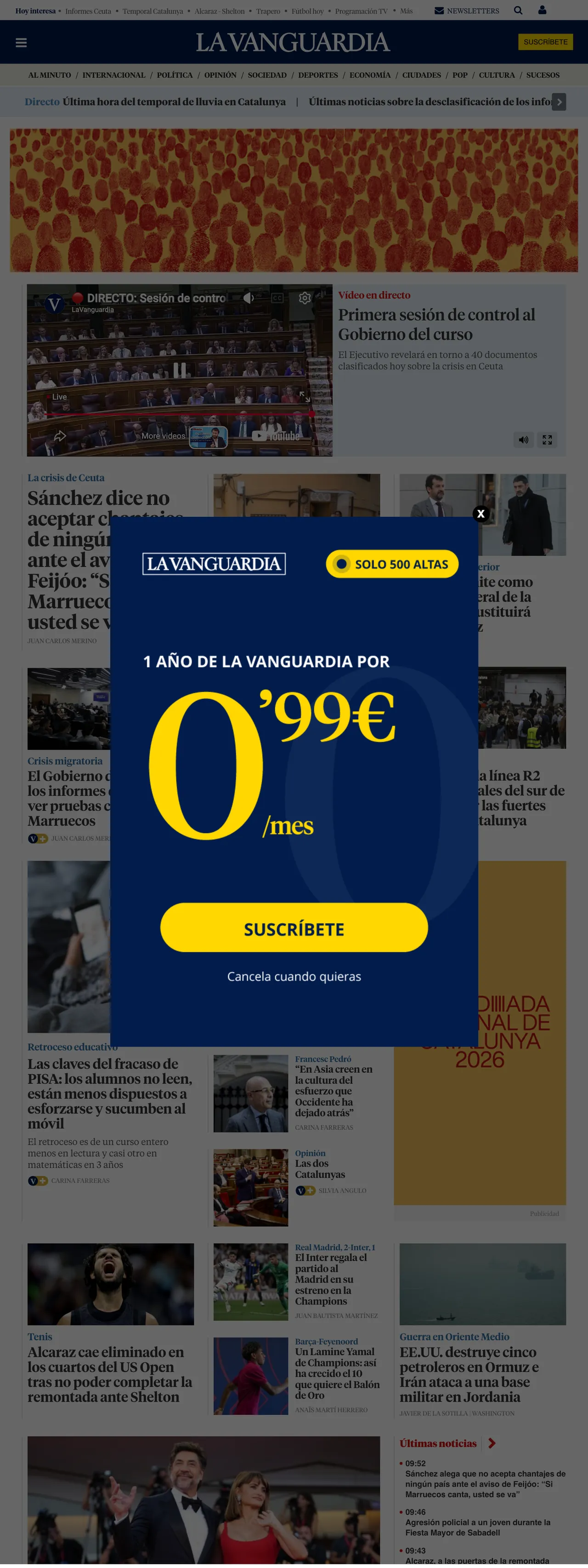 Screenshot of the La Vanguardia front page