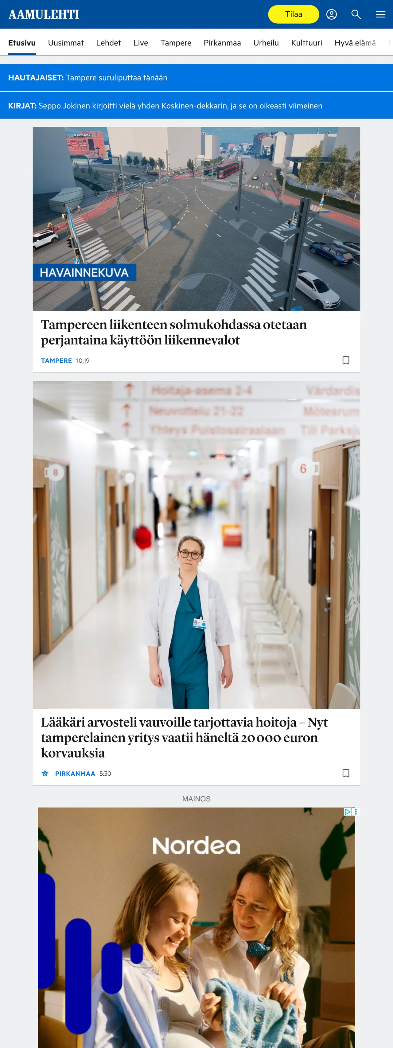 Screenshot of the Aamulehti front page