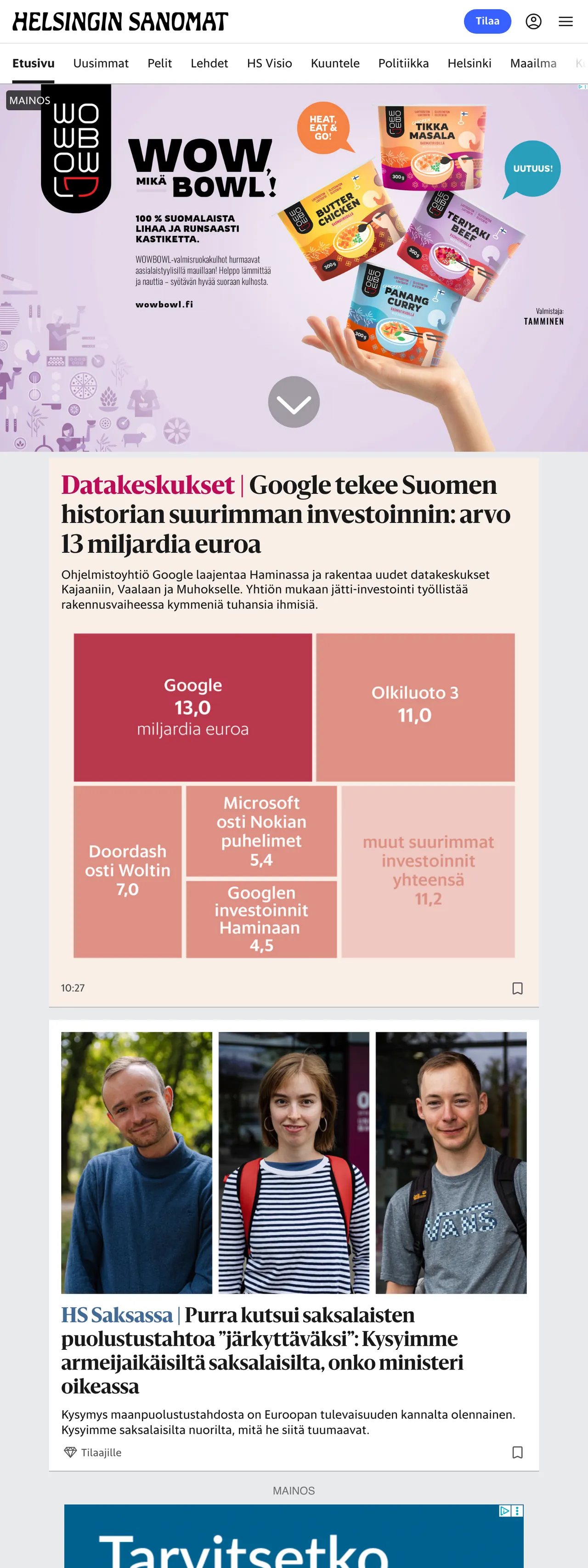 Screenshot of the Helsingin Sanomat front page