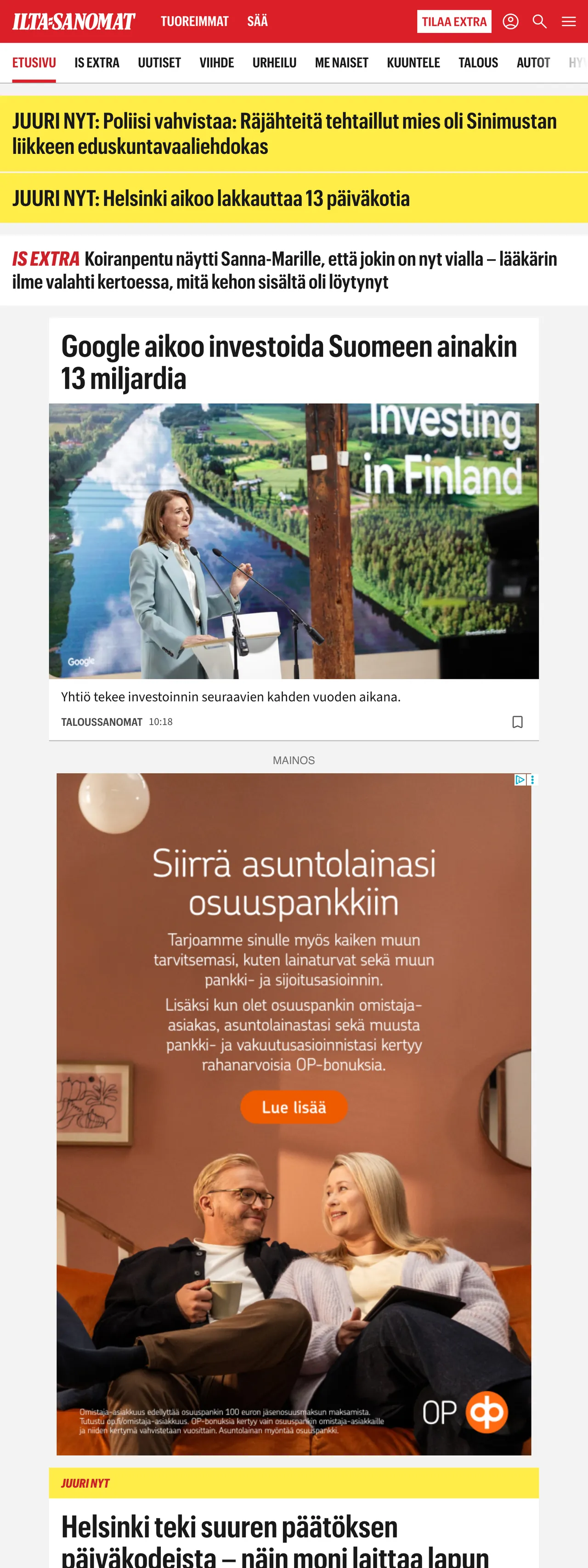 Screenshot of the Ilta-Sanomat front page