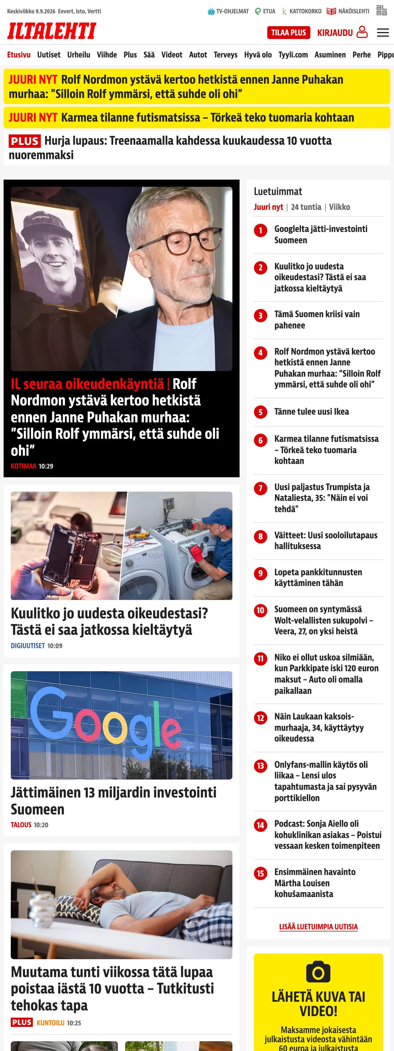 Screenshot of the Iltalehti front page