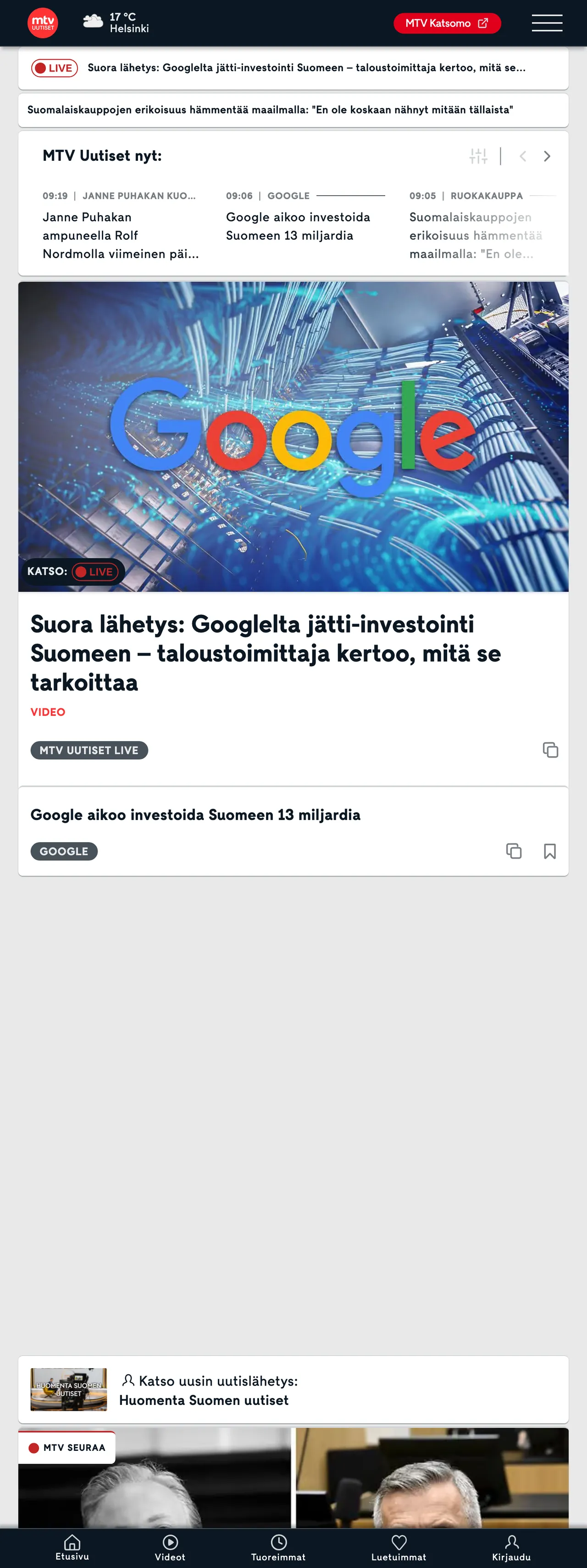 Screenshot of the MTV Uutiset front page