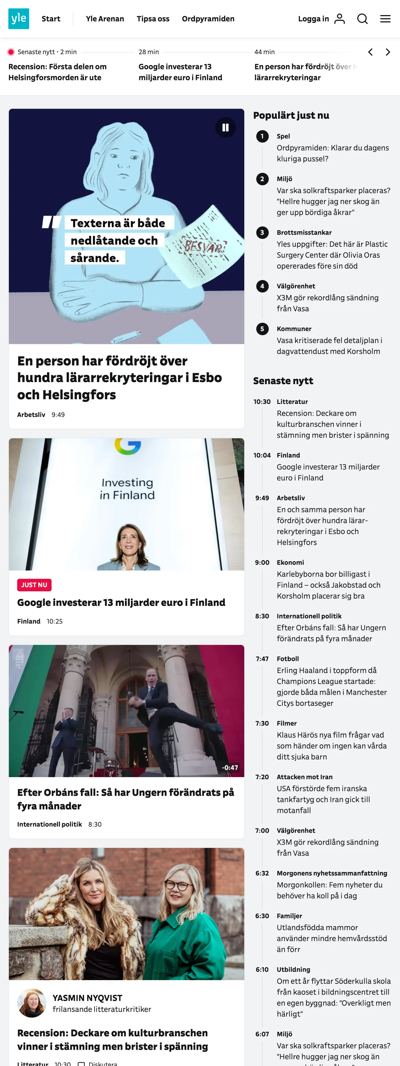 Screenshot of the Svenska Yle front page