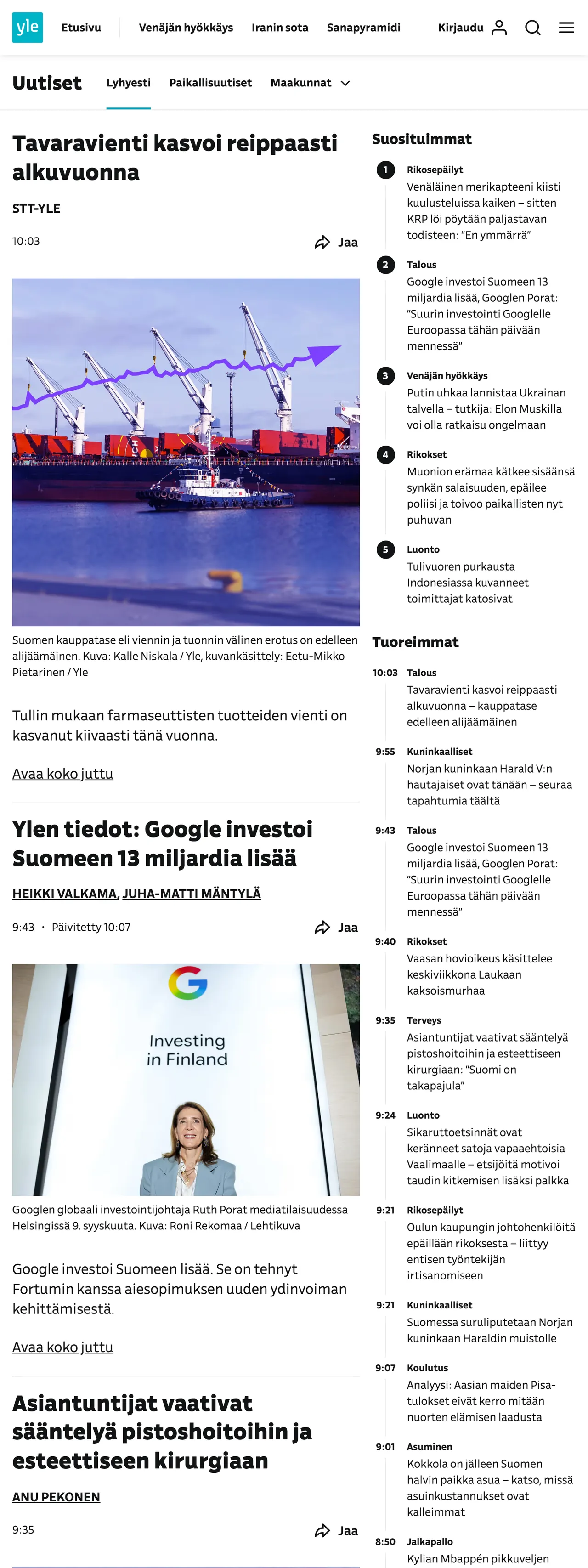 Screenshot of the Yle front page
