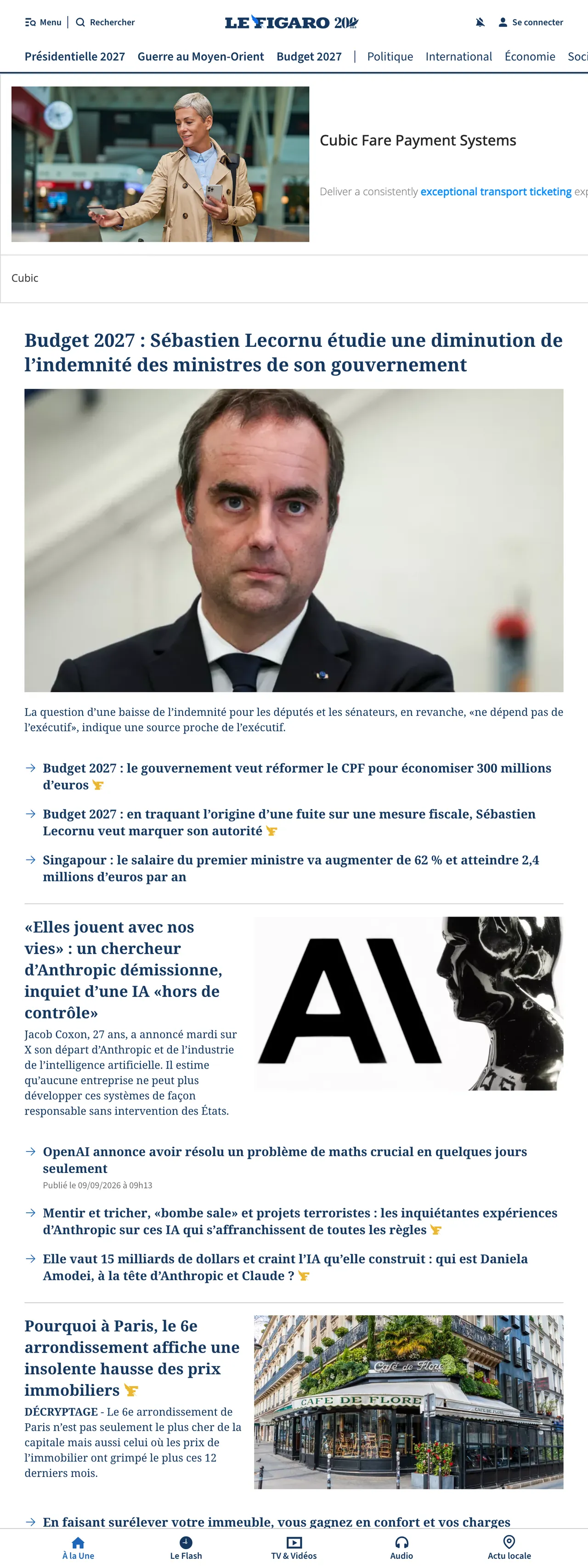 Screenshot of the Le Figaro front page