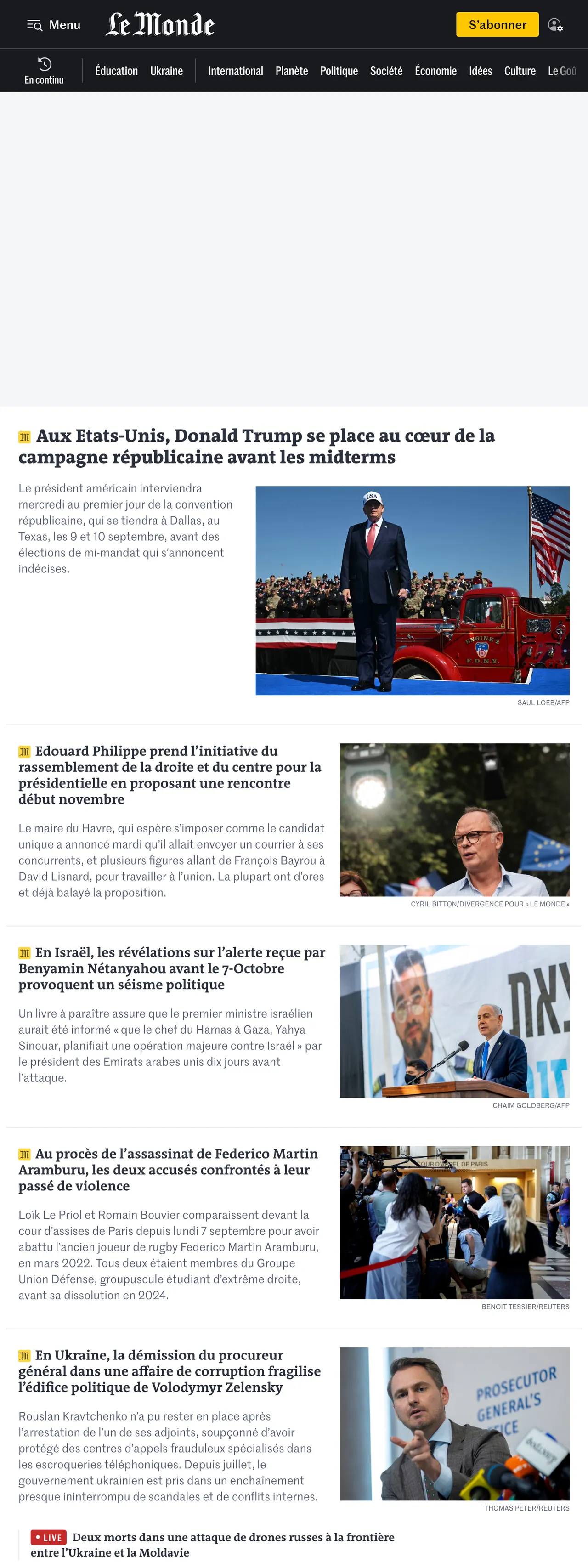Screenshot of the Le Monde front page