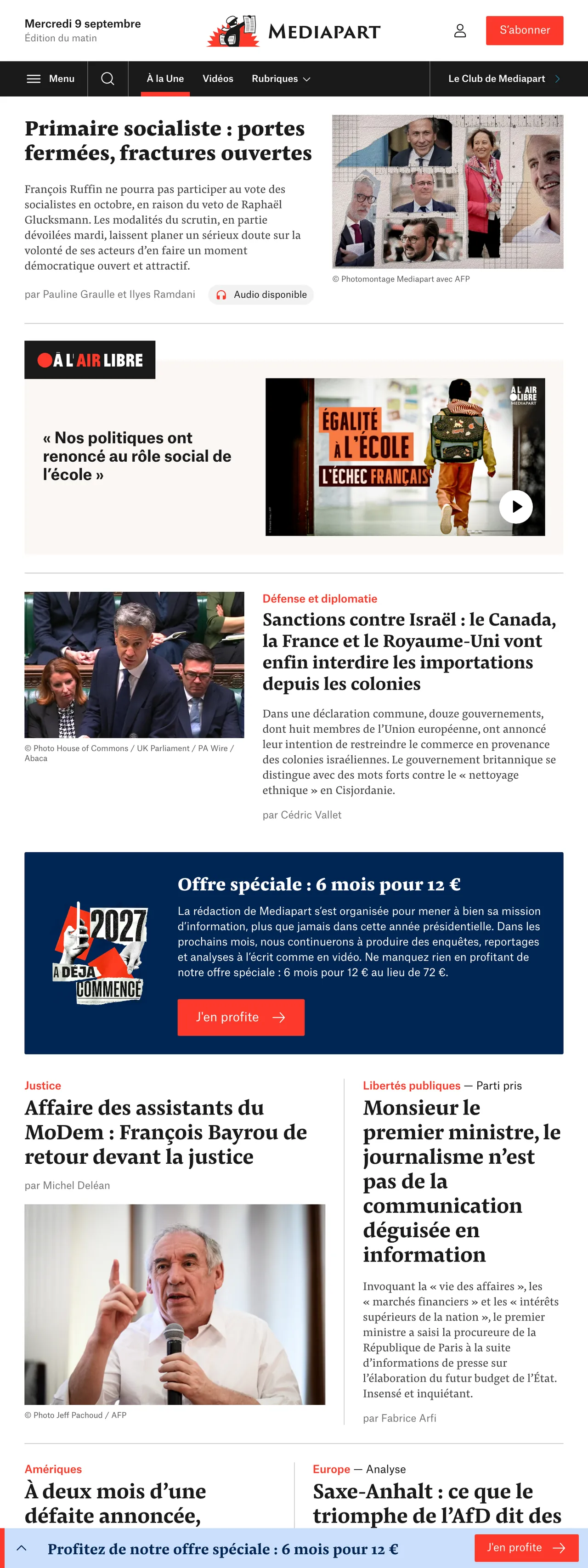 Screenshot of the Mediapart front page