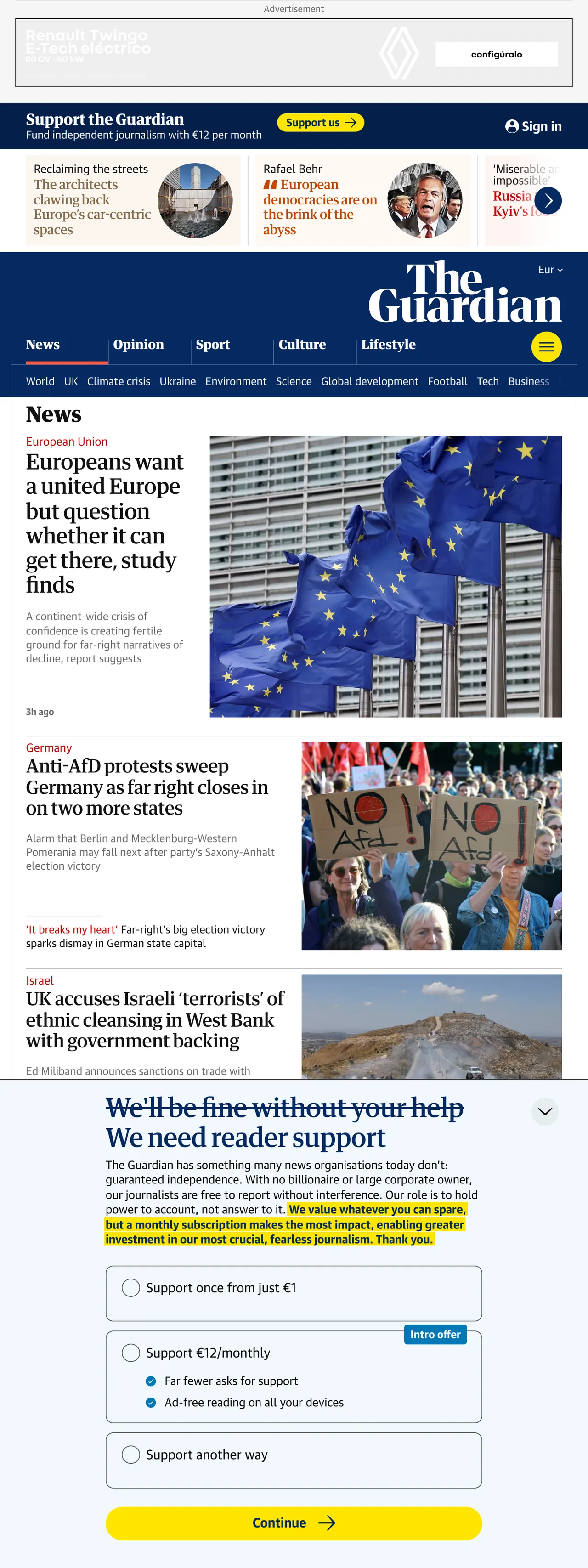 Screenshot of the The Guardian front page