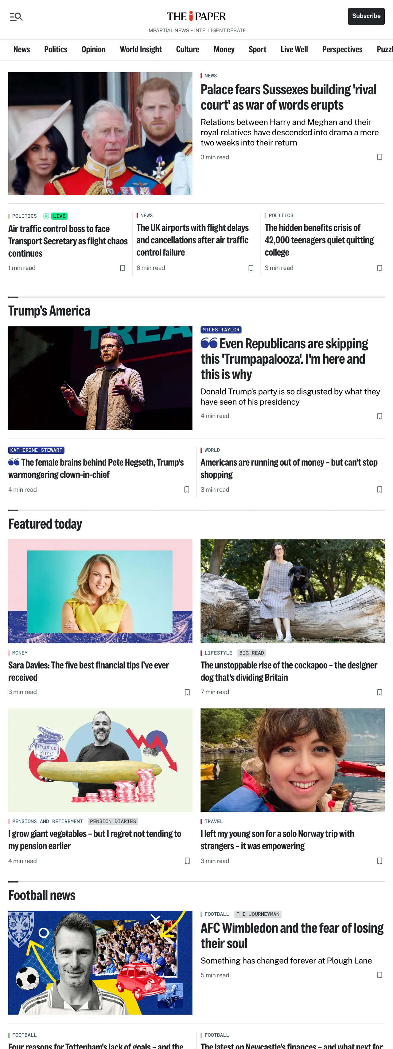 Screenshot of the The i Paper front page