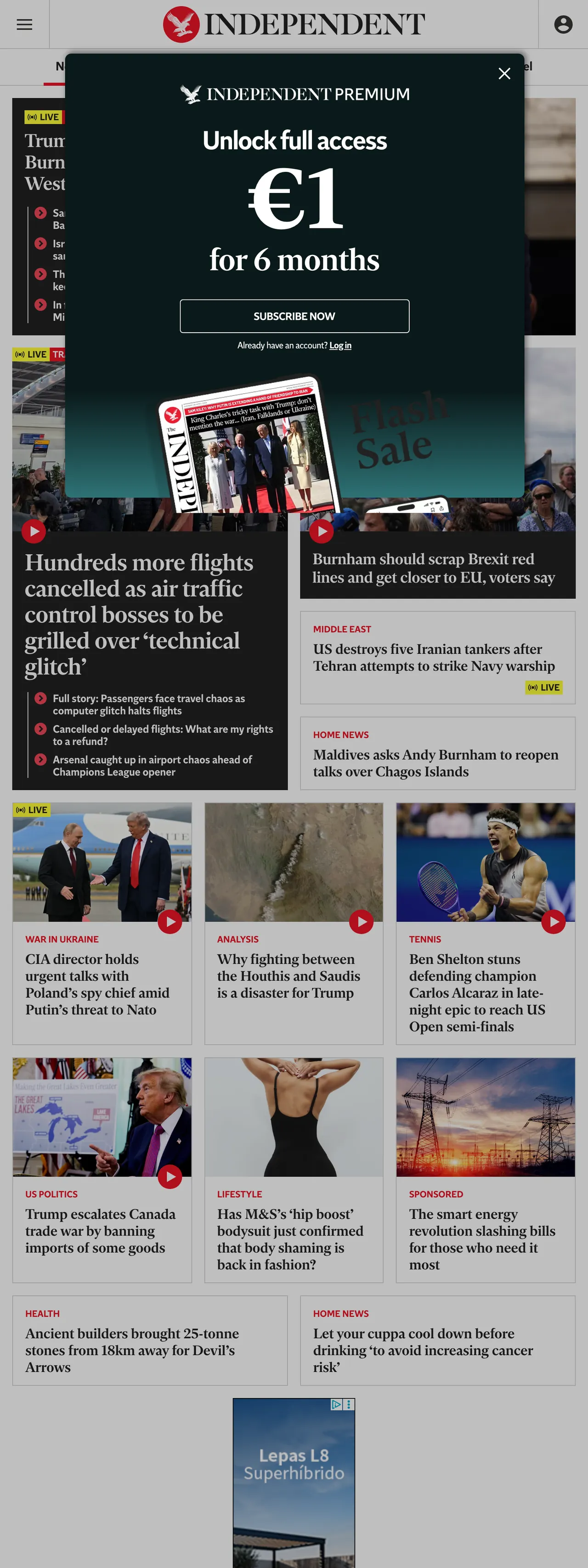 Screenshot of the The Independent front page