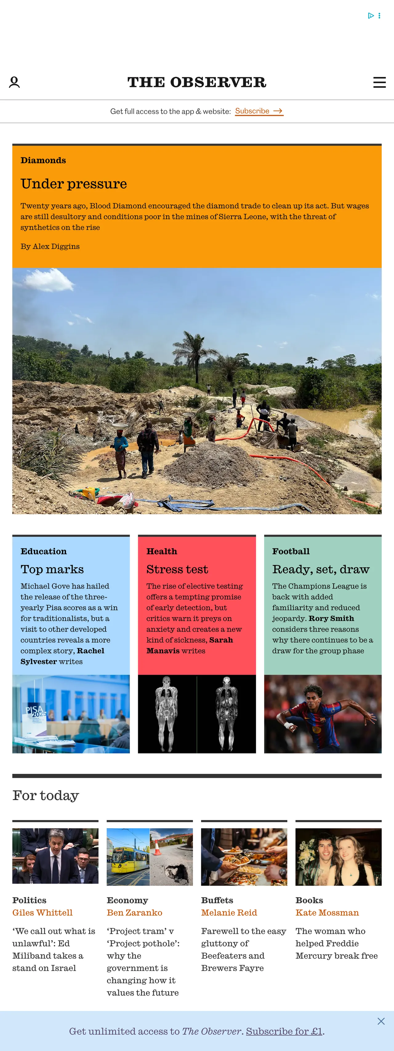 Screenshot of the The Observer front page