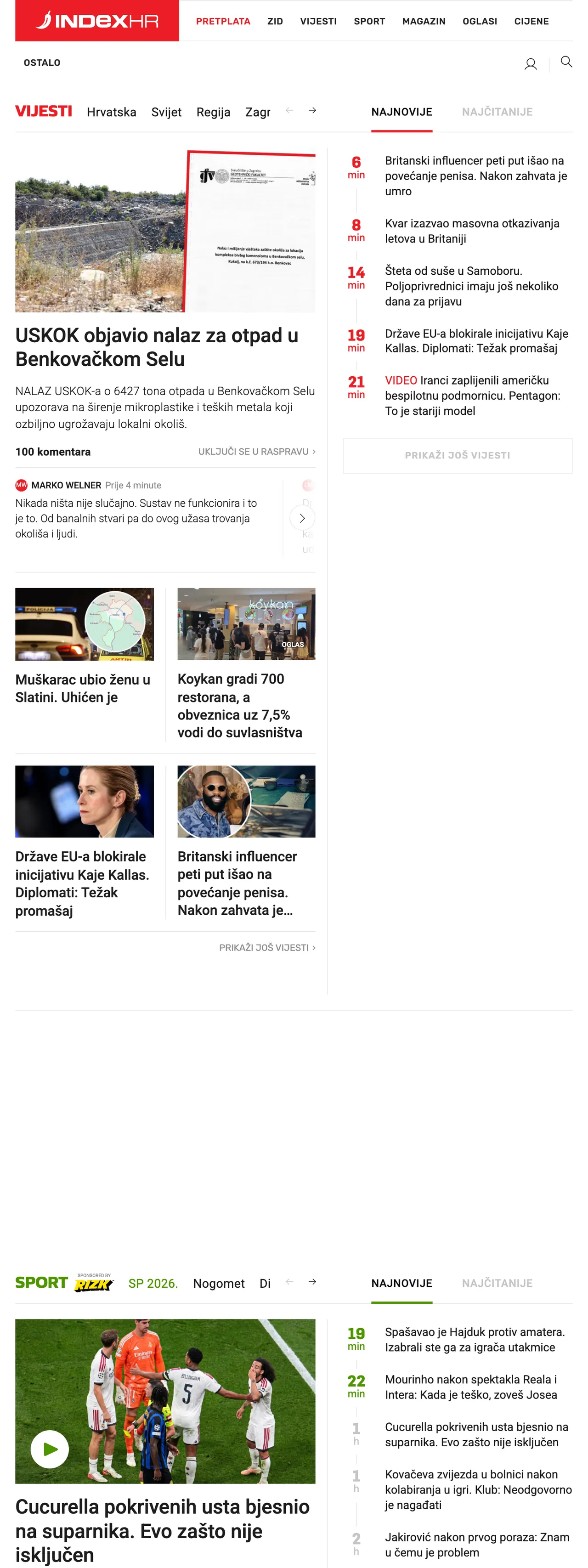 Screenshot of the Index.hr front page
