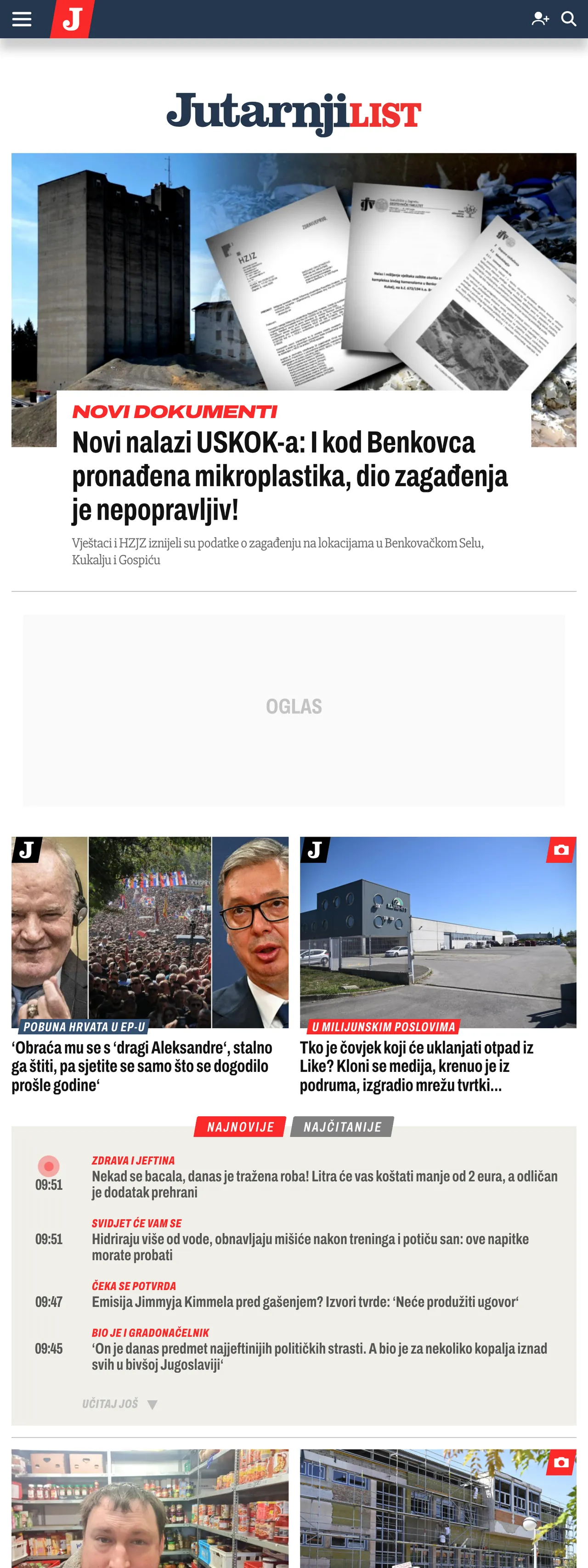 Screenshot of the Jutarnji list front page