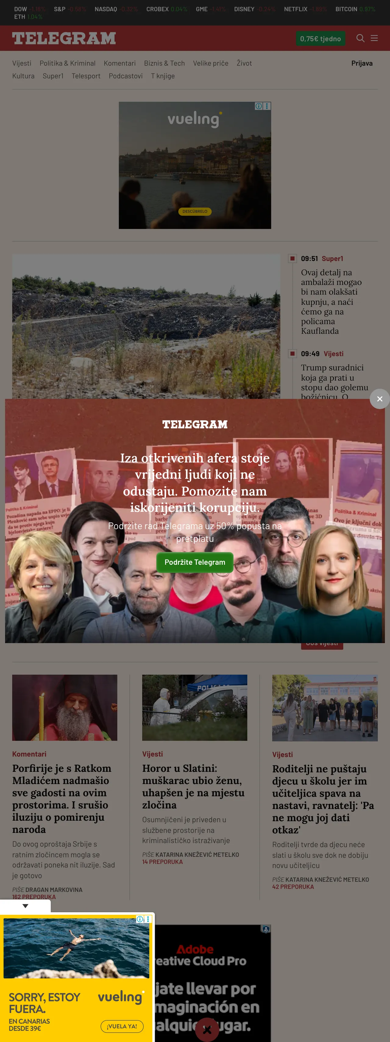 Screenshot of the Telegram.hr front page