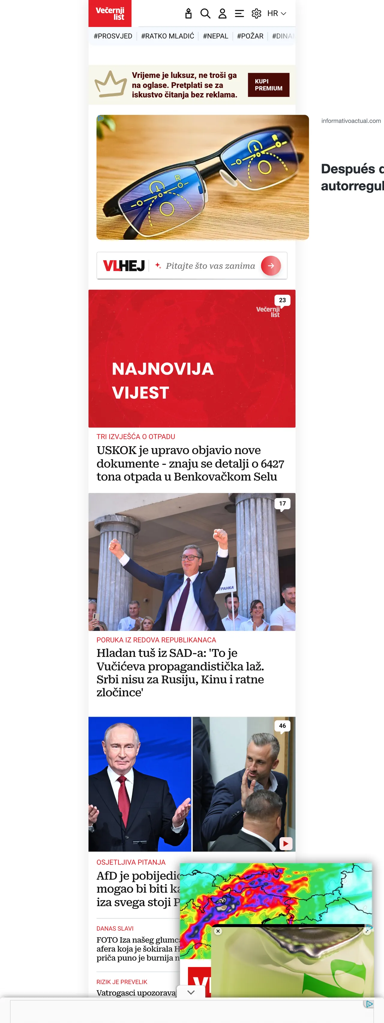 Screenshot of the Večernji list front page