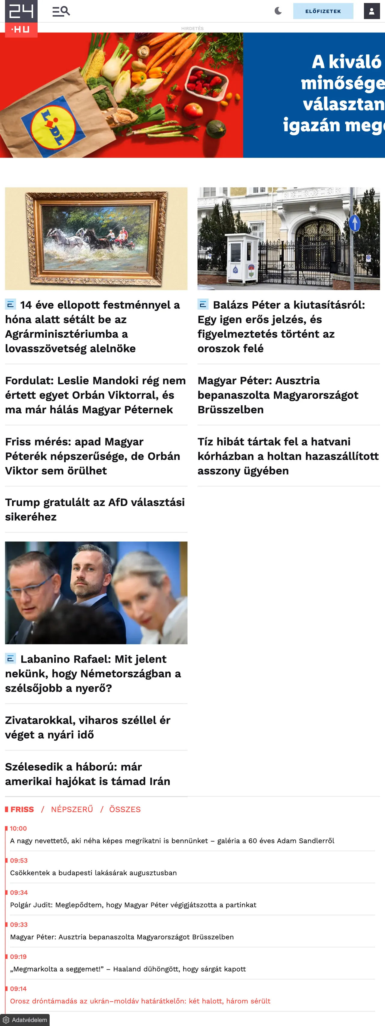 Screenshot of the 24.hu front page