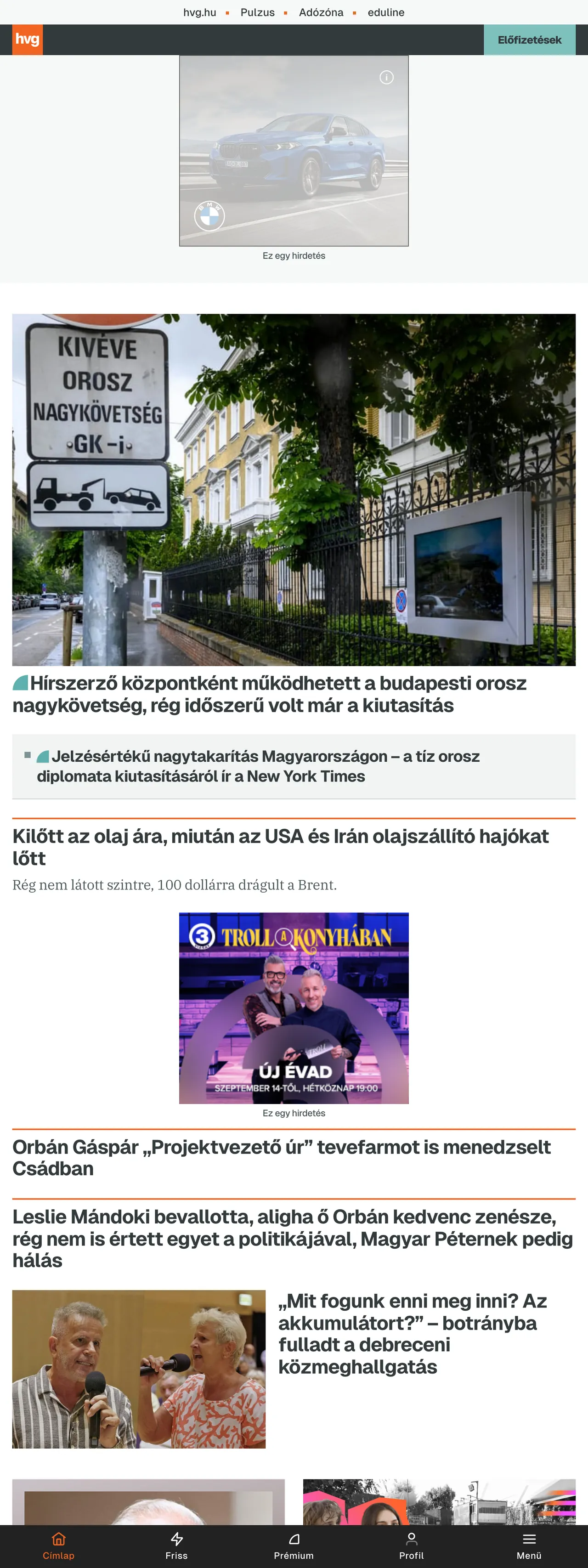 Screenshot of the HVG front page