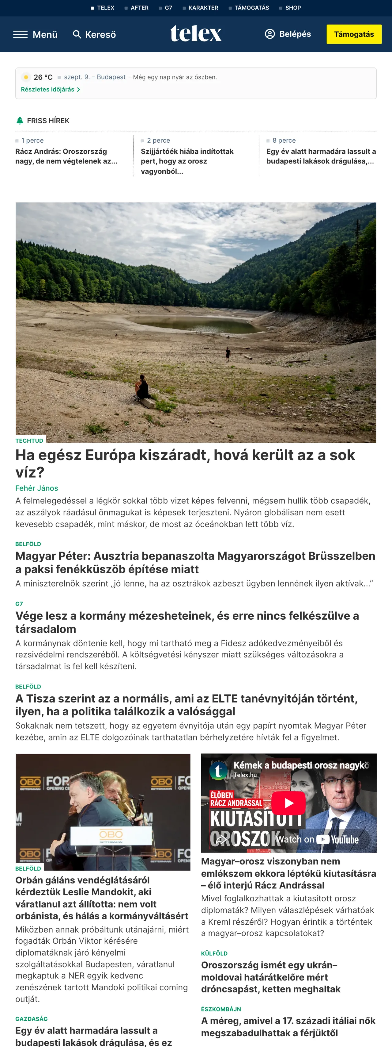 Screenshot of the Telex front page