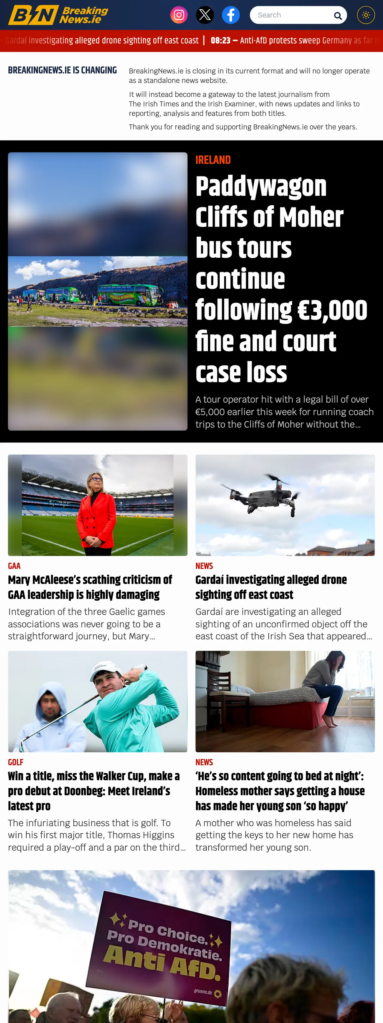 Screenshot of the BreakingNews.ie front page