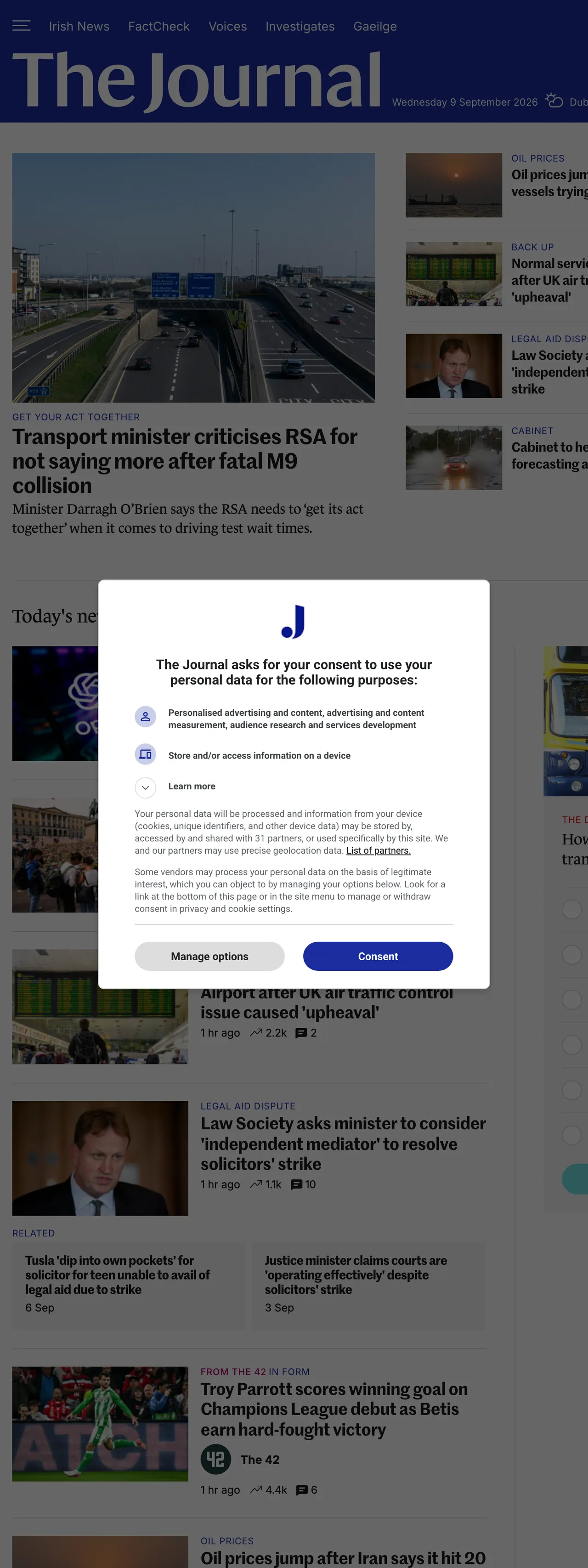 Screenshot of the TheJournal.ie front page