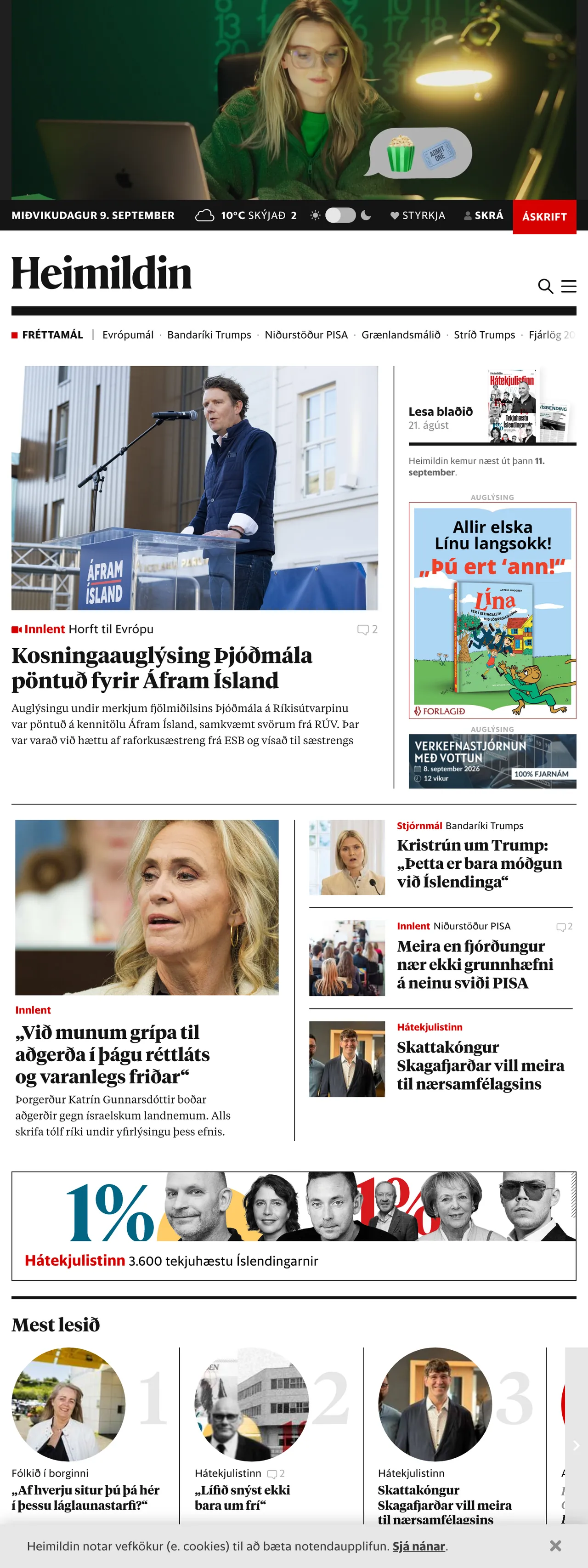 Screenshot of the Heimildin front page