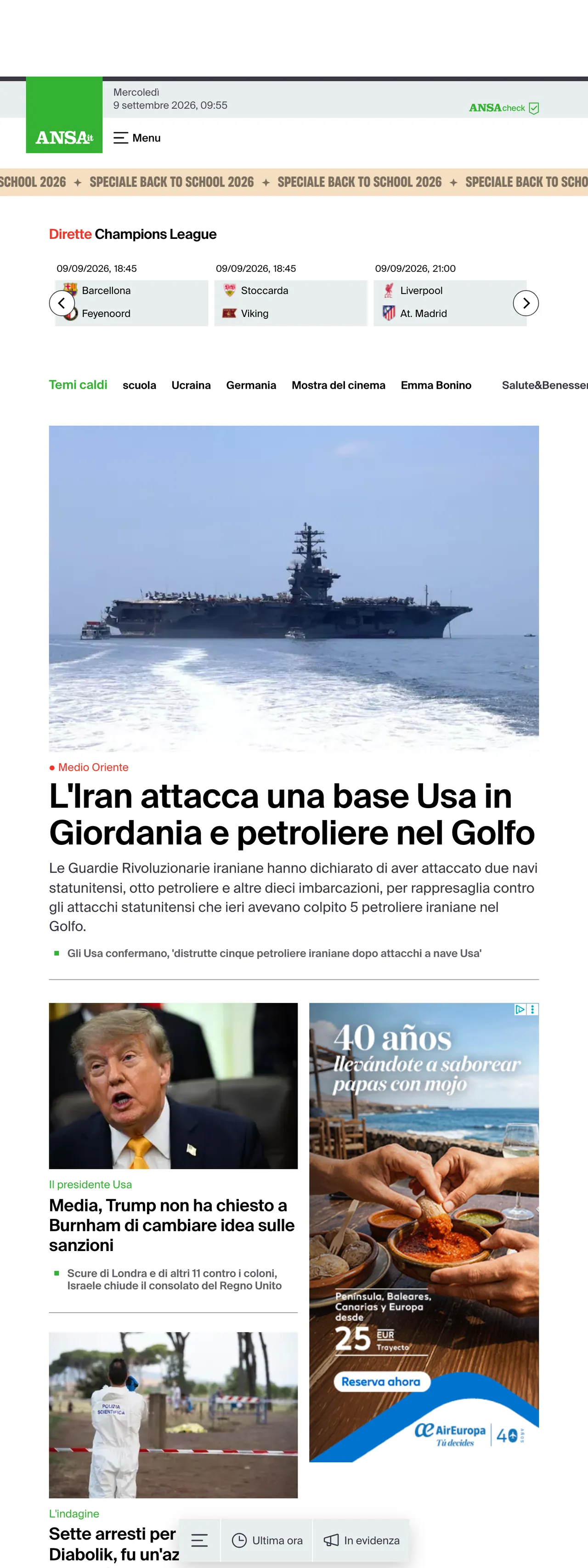 Screenshot of the ANSA front page