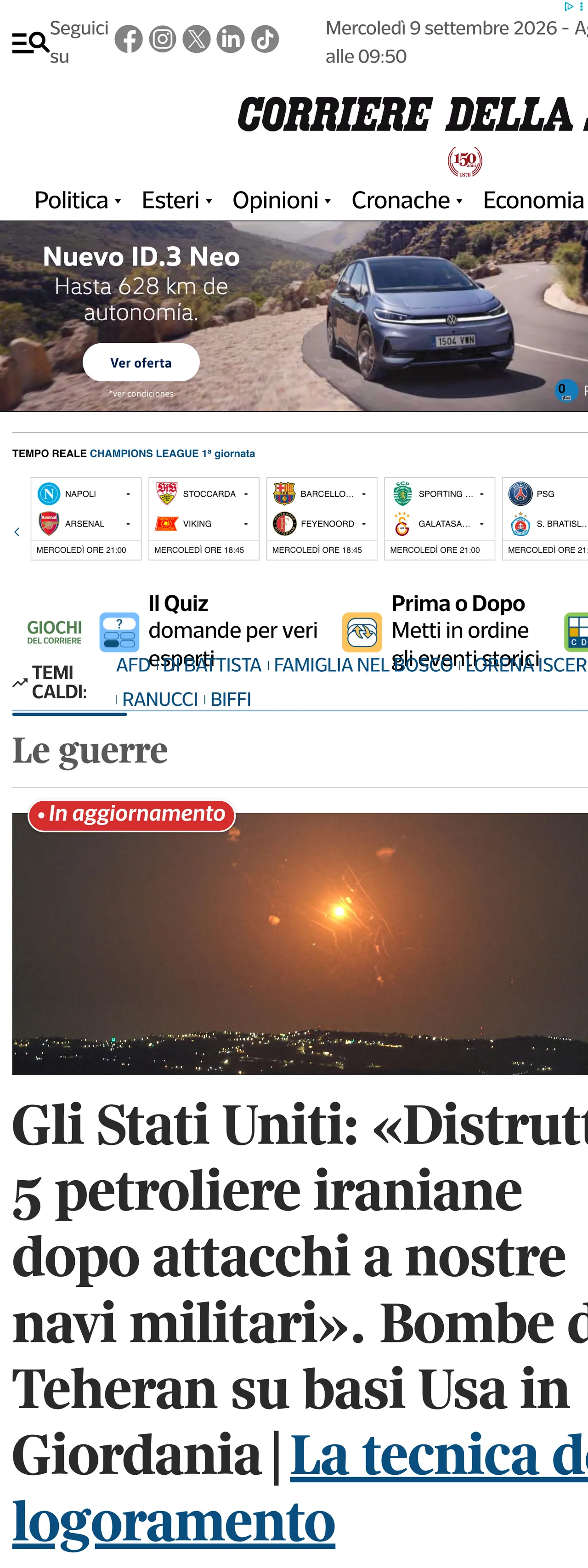 Screenshot of the Corriere della Sera front page