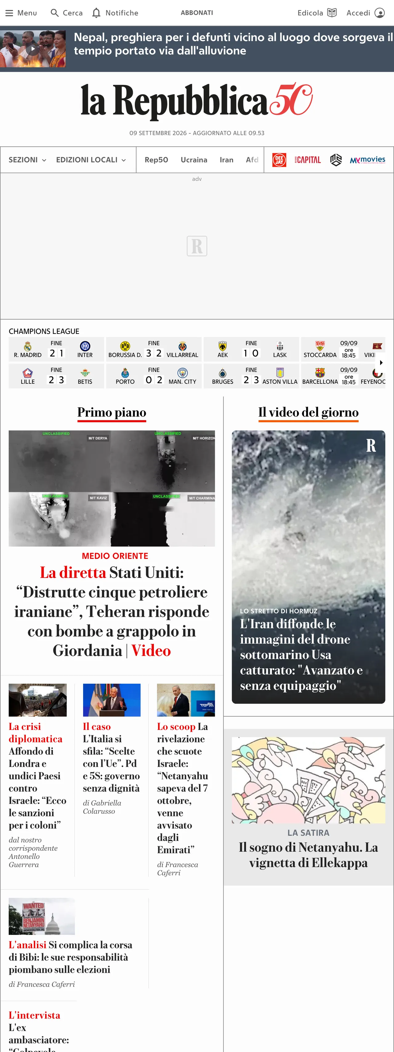 Screenshot of the la Repubblica front page