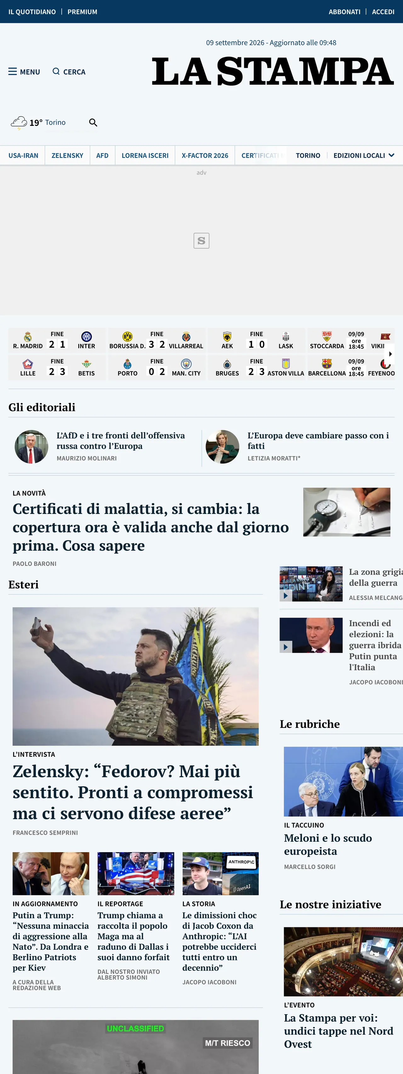 Screenshot of the La Stampa front page
