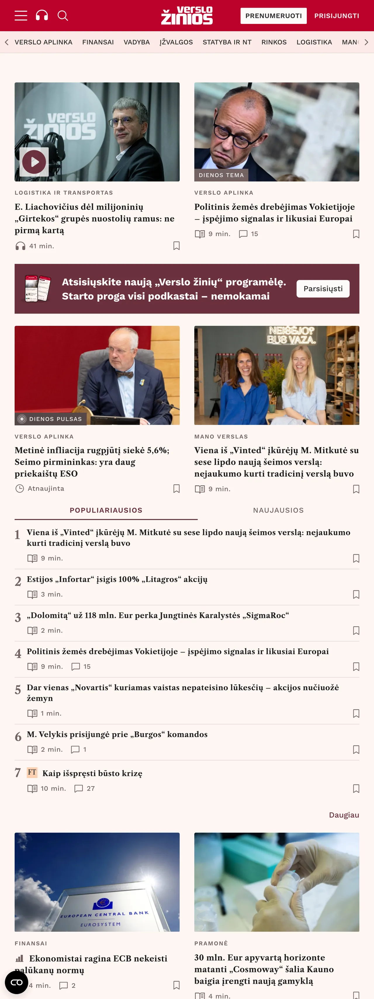 Screenshot of the Verslo žinios front page