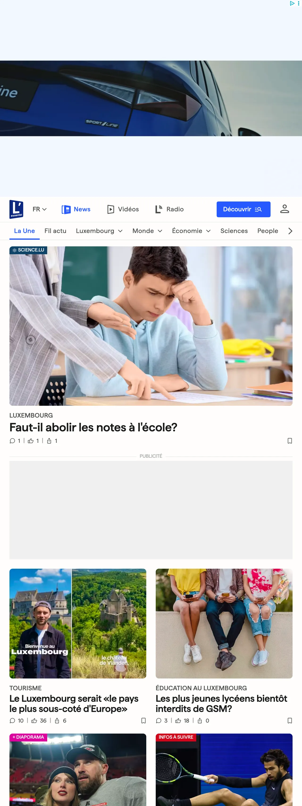 Screenshot of the L'essentiel front page