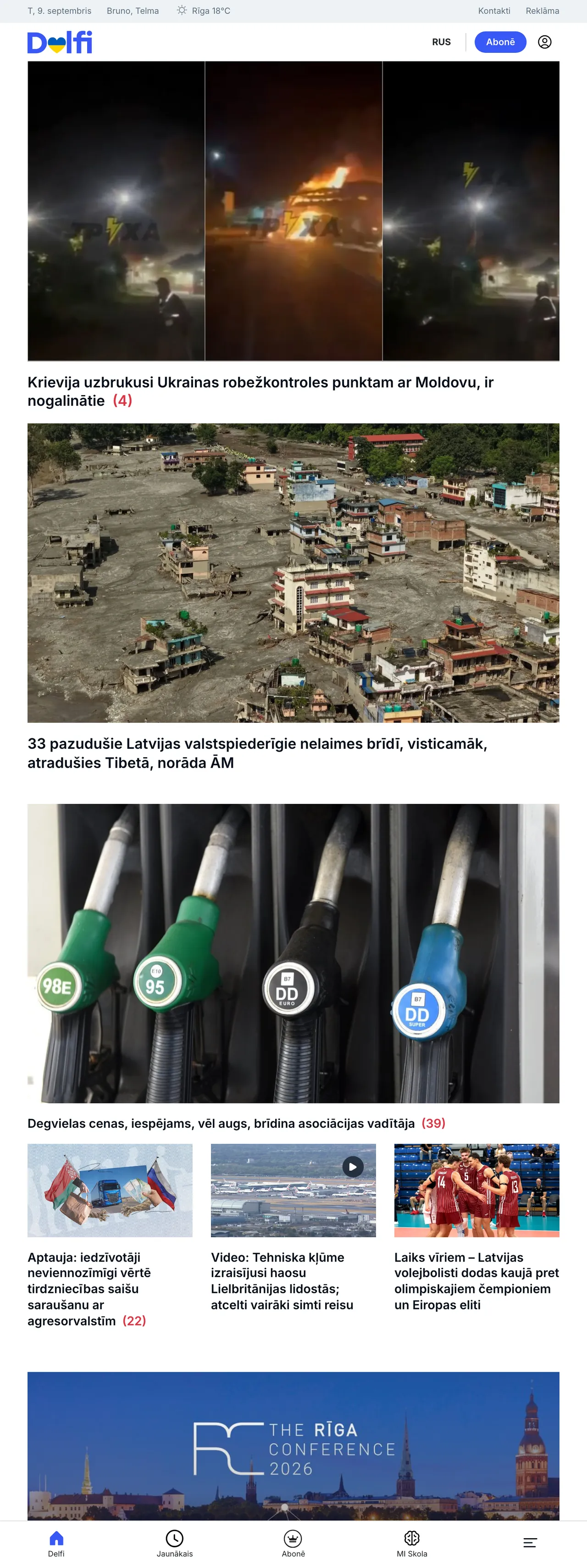 Screenshot of the Delfi front page