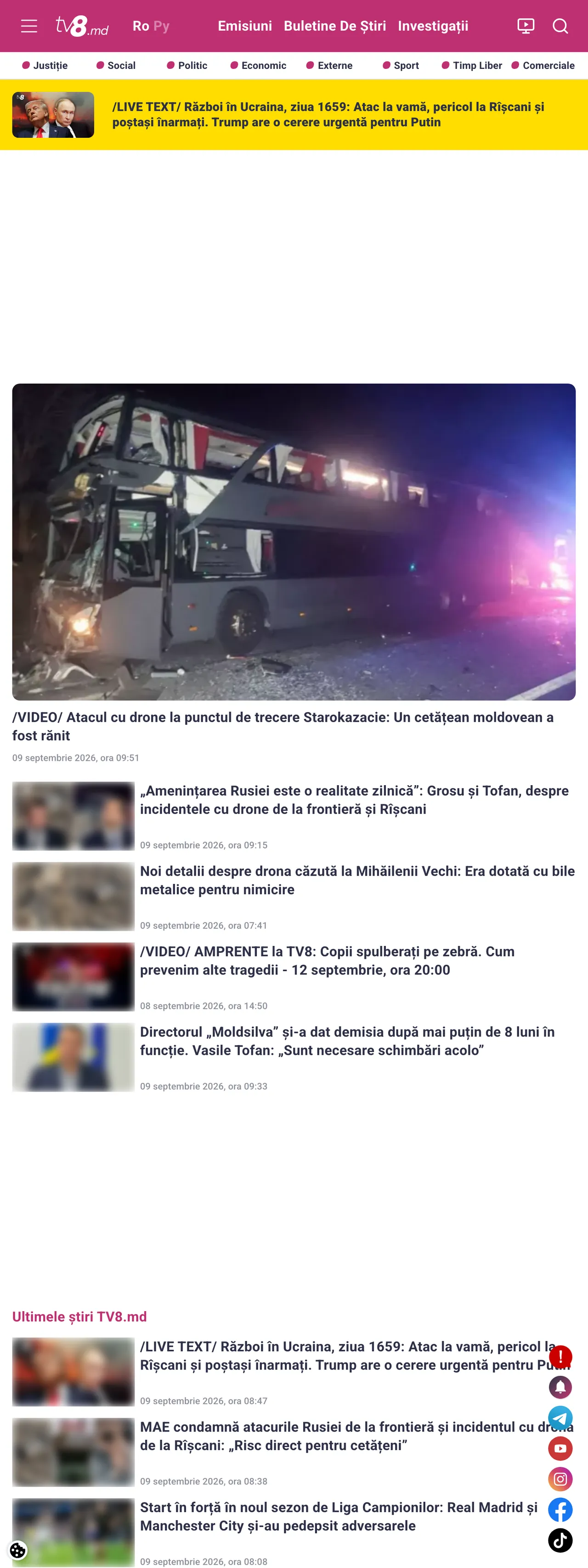 Screenshot of the TV8 front page