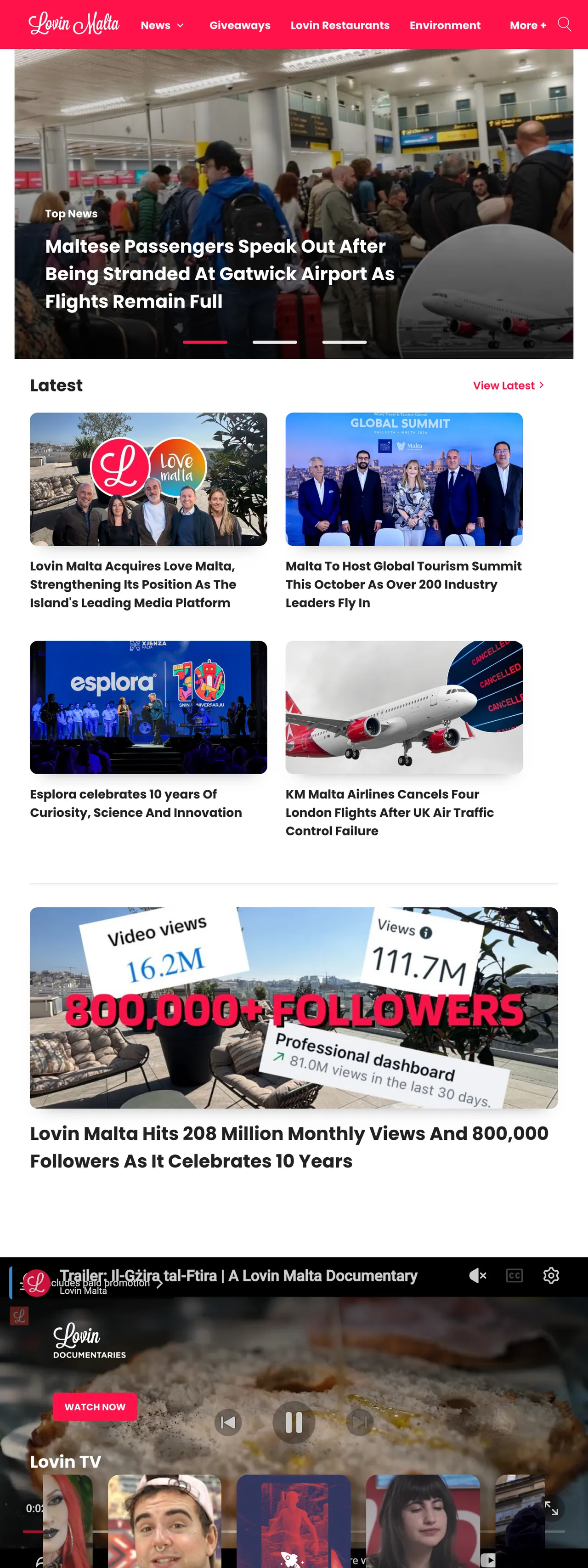 Screenshot of the Lovin Malta front page