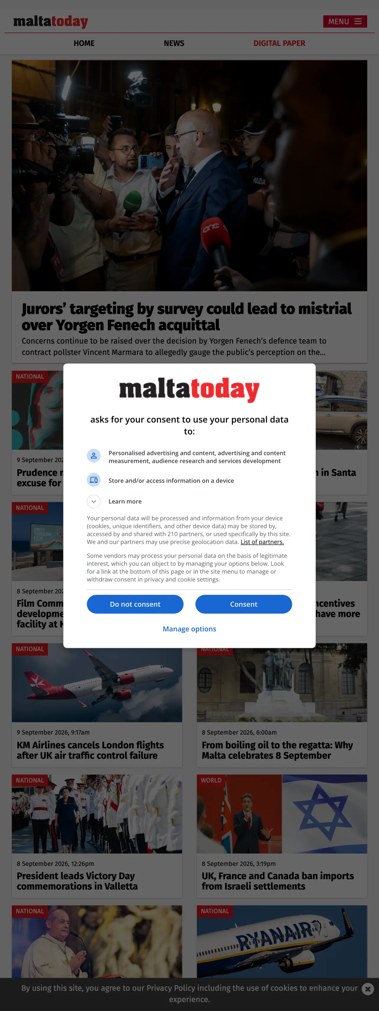 Screenshot of the Malta Today front page