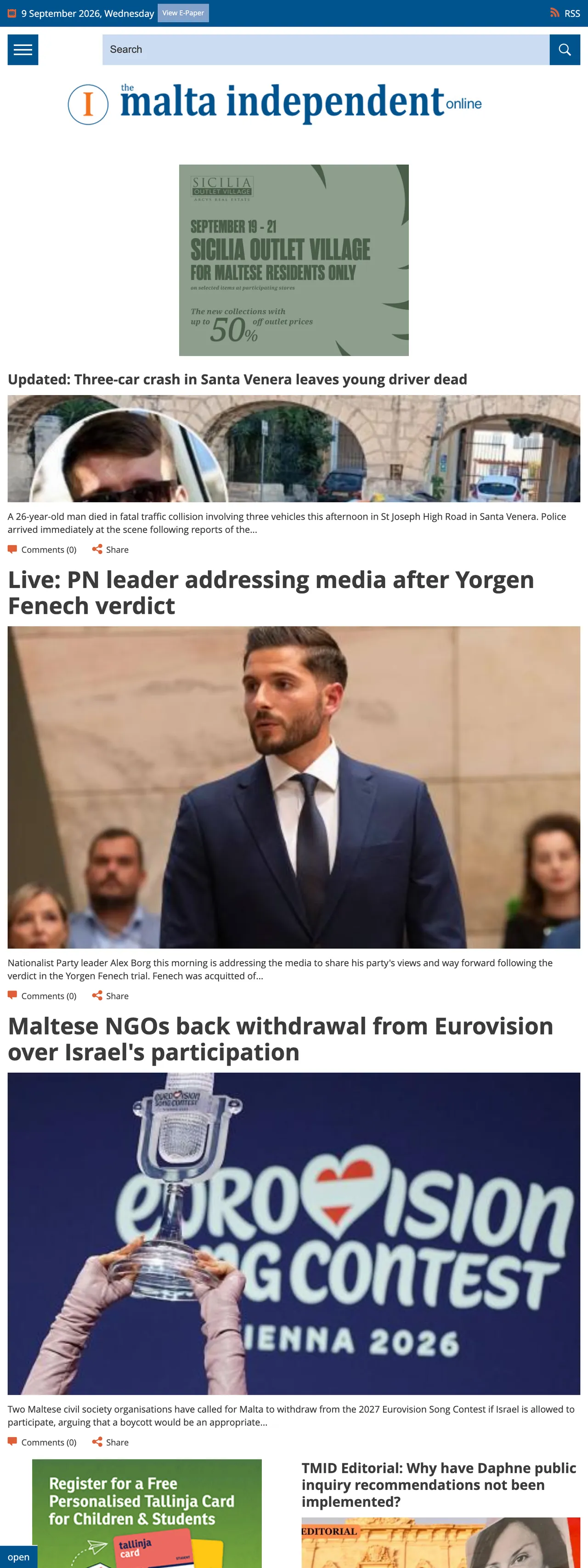 Screenshot of the The Malta Independent front page